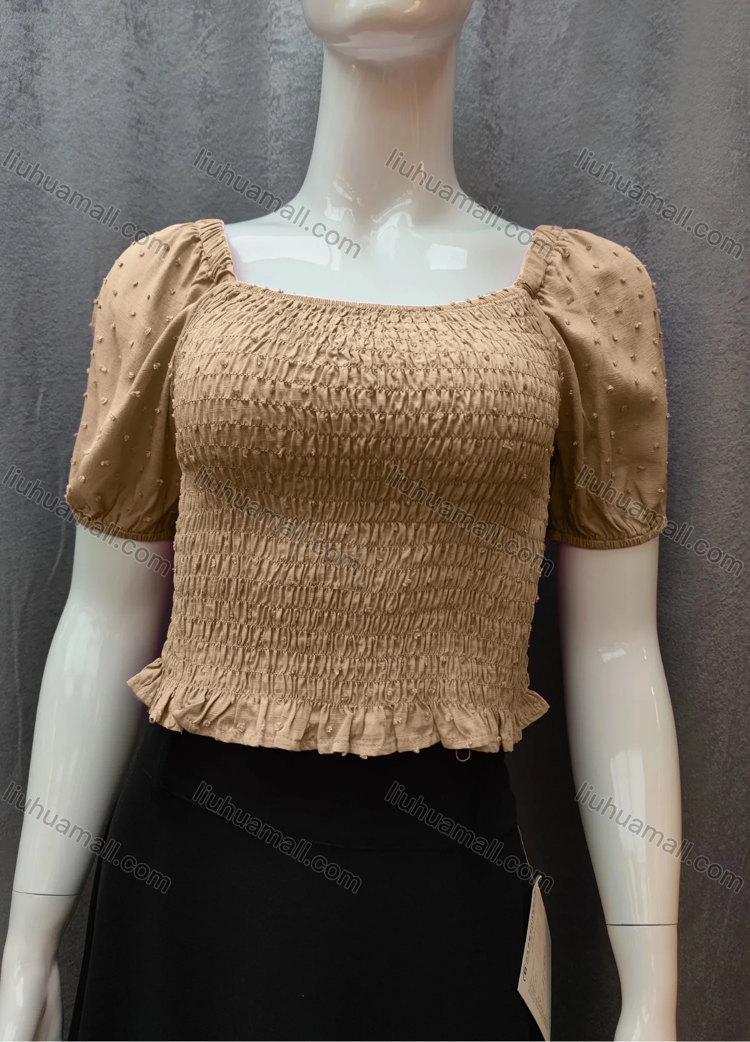 Wholesale Women's Casual Plain Swiss Dot Shirred Ruffle Hem Square Neck Short Sleeve Crop Blouse WB017# - Liuhuamall