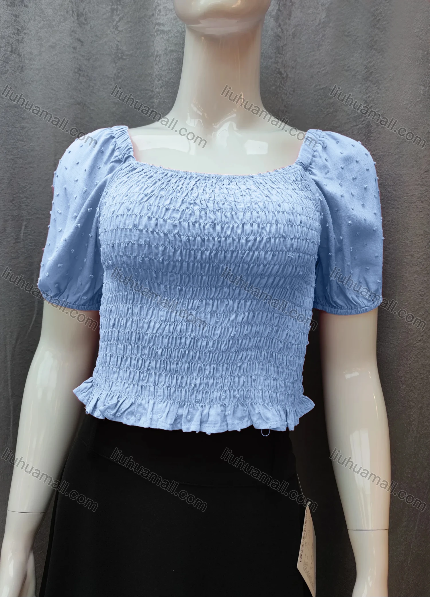 Wholesale Women's Casual Plain Swiss Dot Shirred Ruffle Hem Square Neck Short Sleeve Crop Blouse WB017# - Liuhuamall
