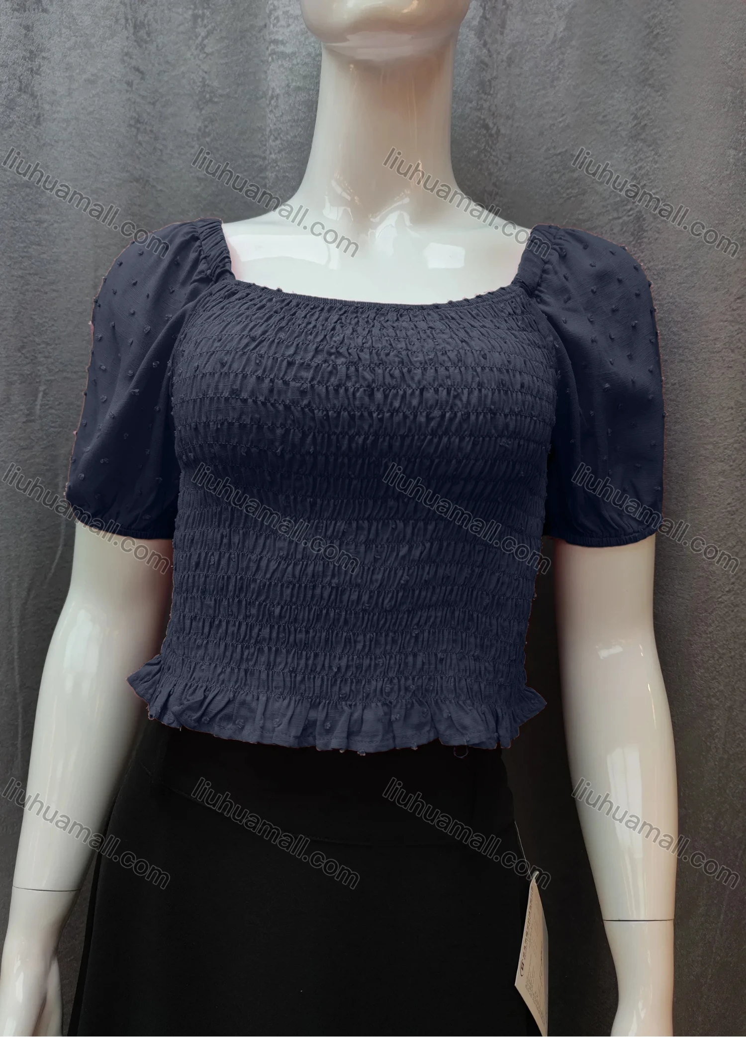 Wholesale Women's Casual Plain Swiss Dot Shirred Ruffle Hem Square Neck Short Sleeve Crop Blouse WB017# - Liuhuamall