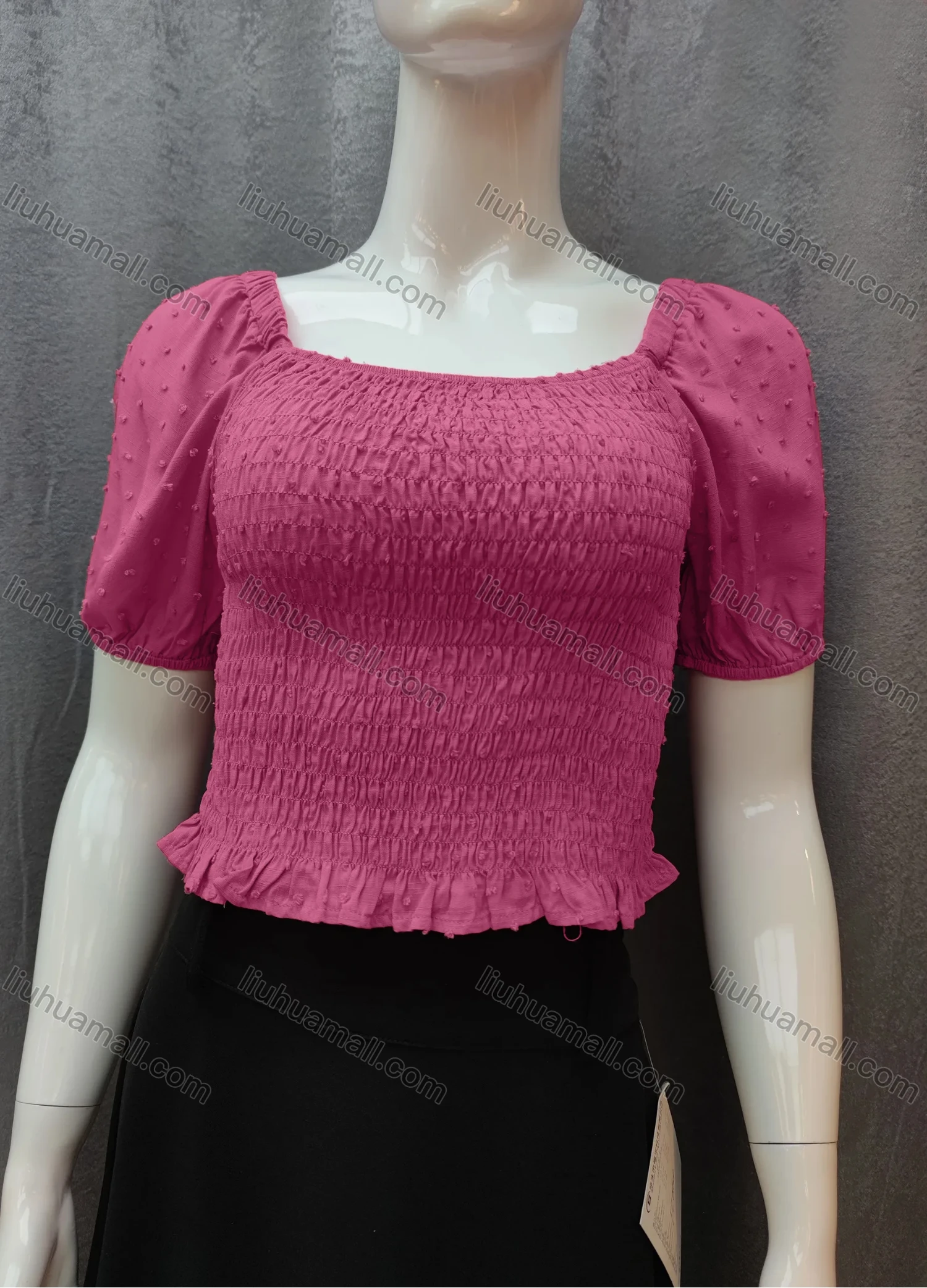 Wholesale Women's Casual Plain Swiss Dot Shirred Ruffle Hem Square Neck Short Sleeve Crop Blouse WB017# - Liuhuamall
