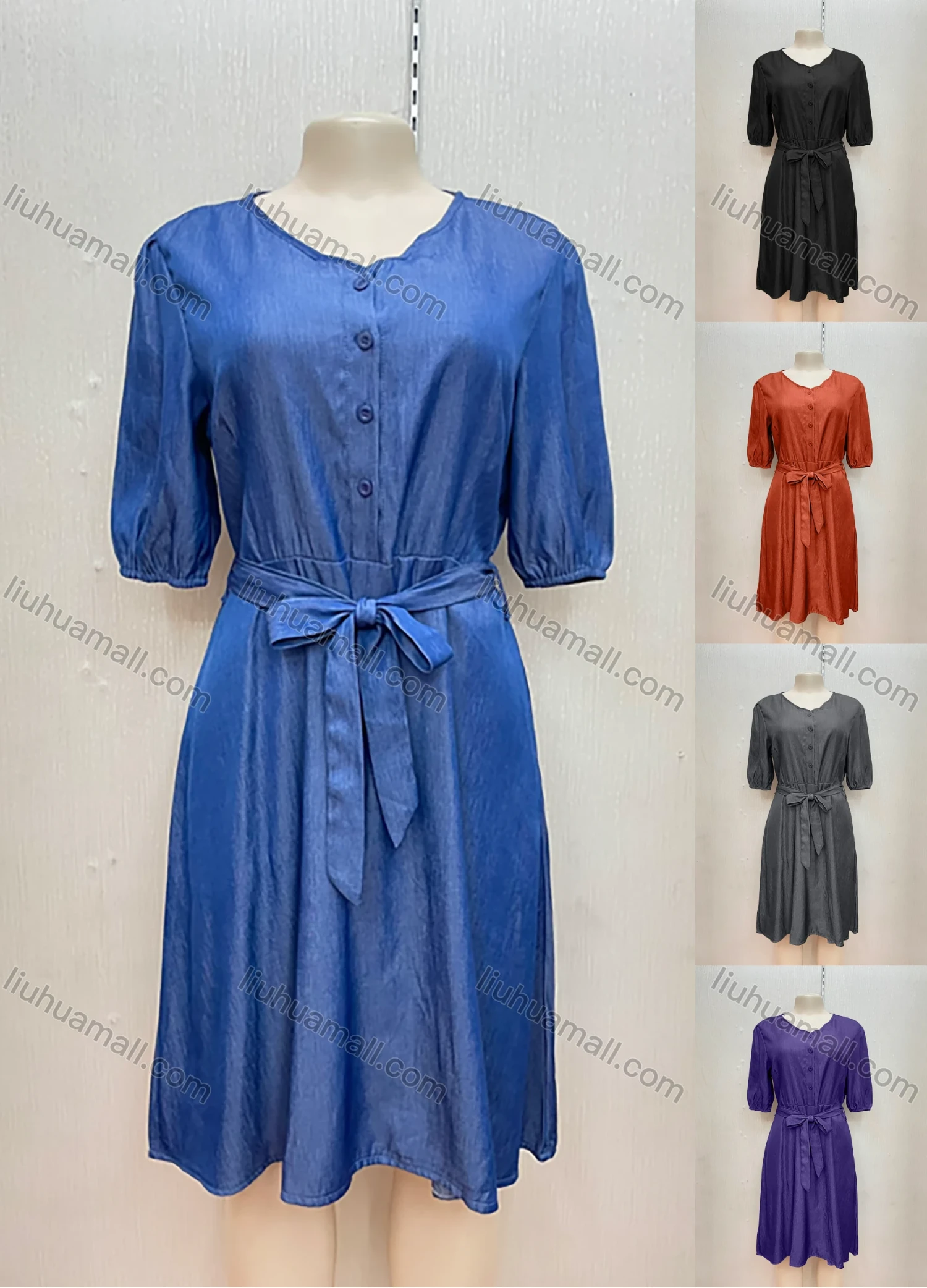 Wholesale Women's Casual Round Neck Buttons Lace Up Side Slit Midi Denim Dress - Liuhuamall