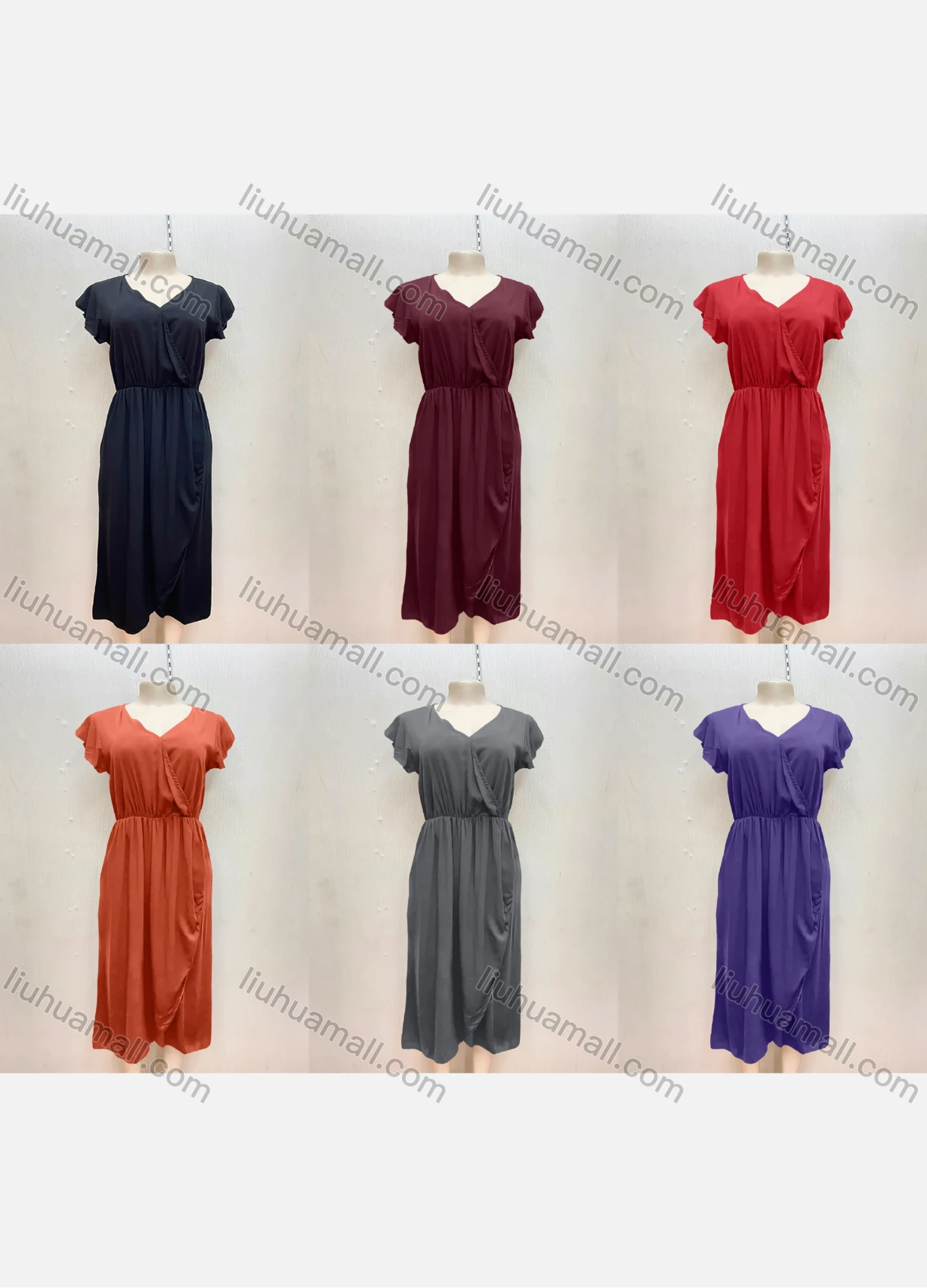 Wholesale Women's Casual V Neck Wrap Elastic Waist Plain Midi Dress - Liuhuamall