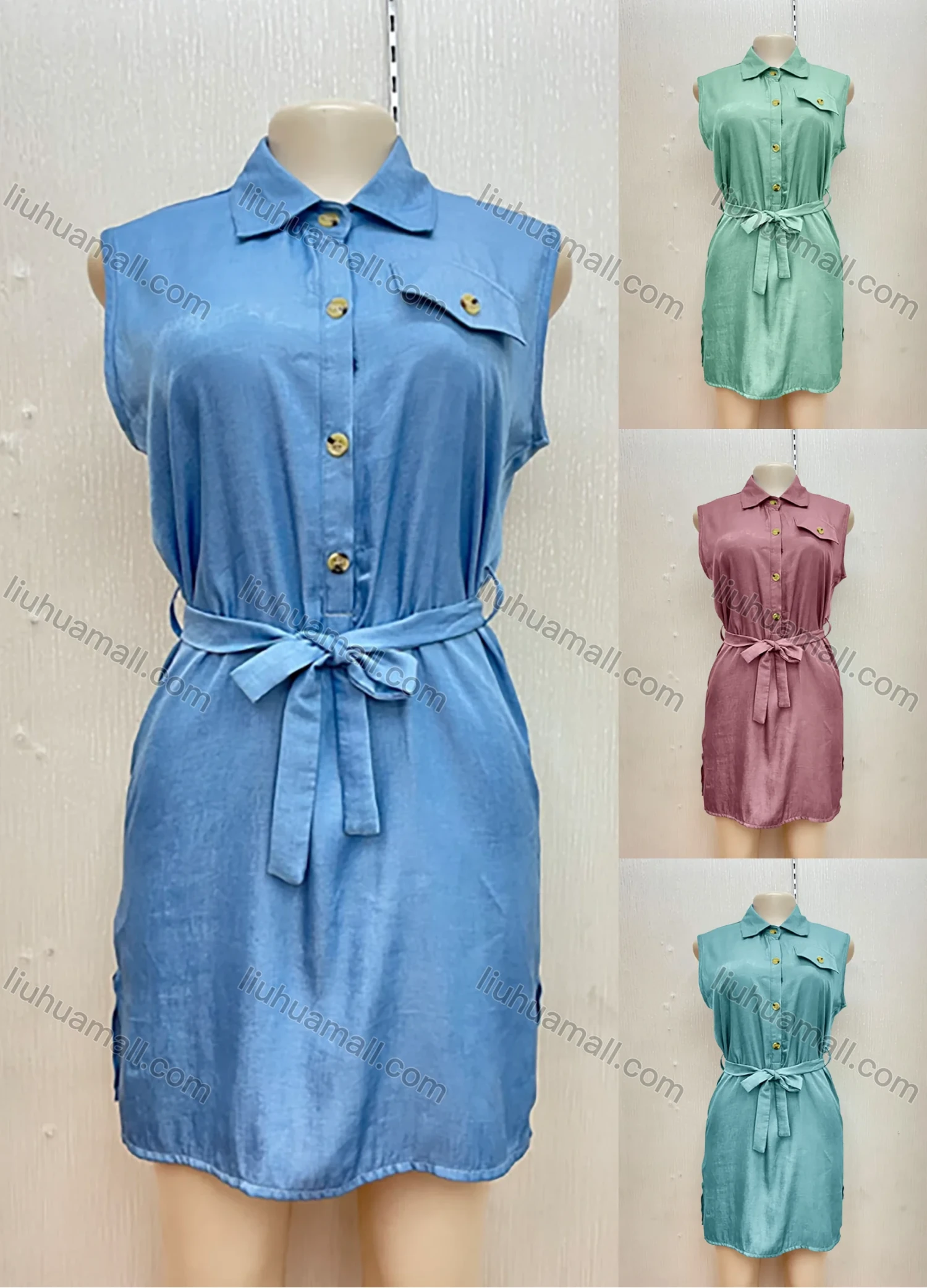 Wholesale Women's Casual Sleeveless Buttons Fake Pocket Lace Up Shirt Dress - Liuhuamall