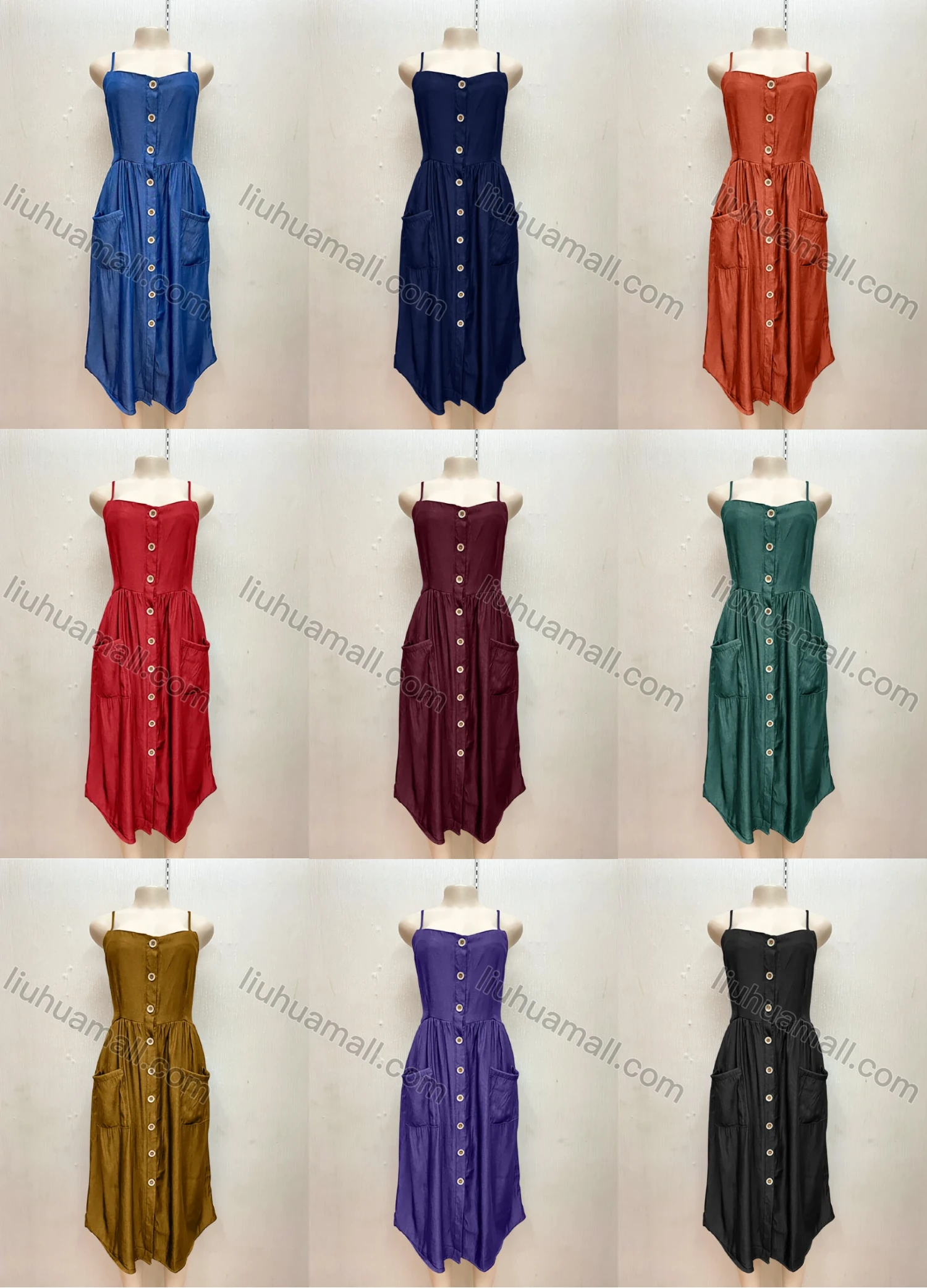 Wholesale Women's Casual Button Down Pockets Ruffle Detail Curved Hem Cami Dress - Liuhuamall