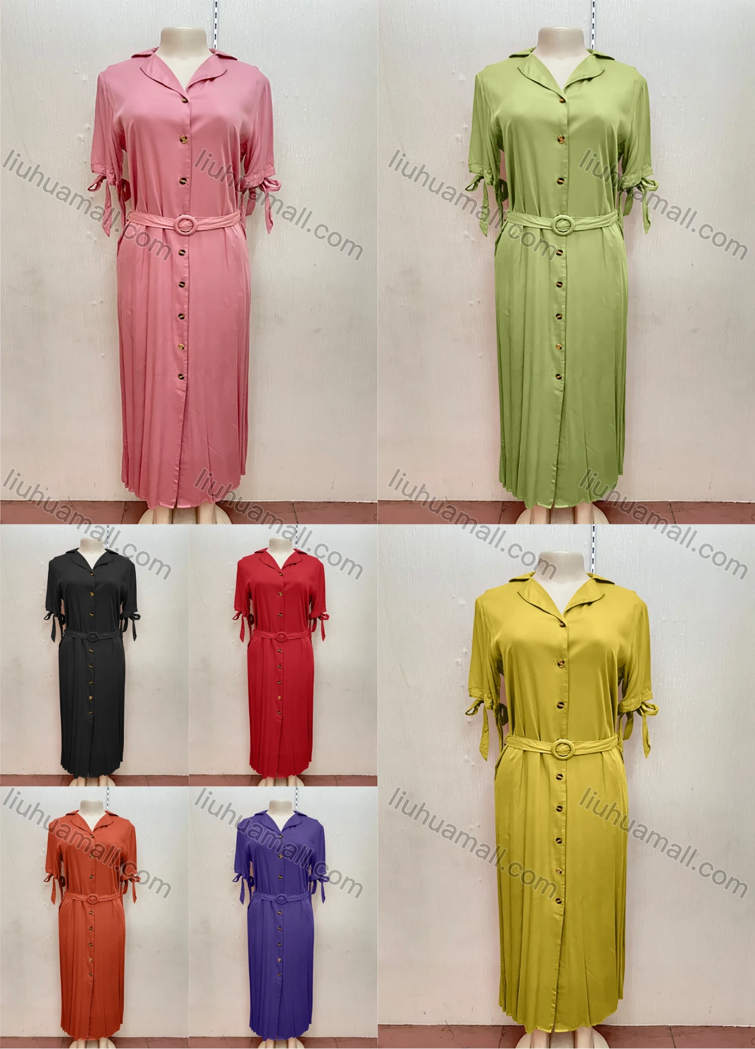 Wholesale Women's Casual Lapel Lace Up Button Down Belted Plain Maxi Dress - Liuhuamall