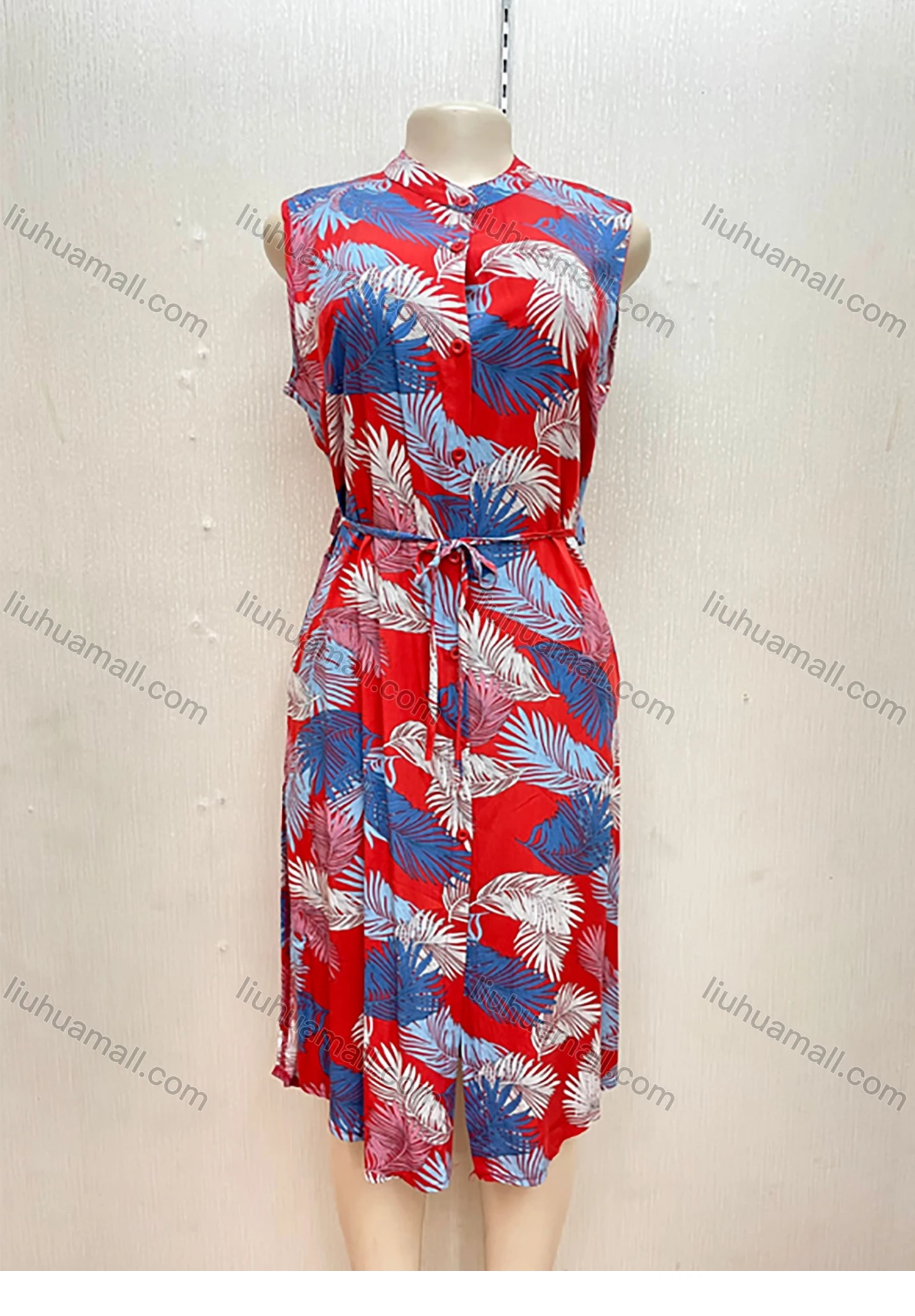 Wholesale Women's Casual Leaf Print Buttons Down Ruffle Curved Hem Midi Tank Dress With Belt - Liuhuamall