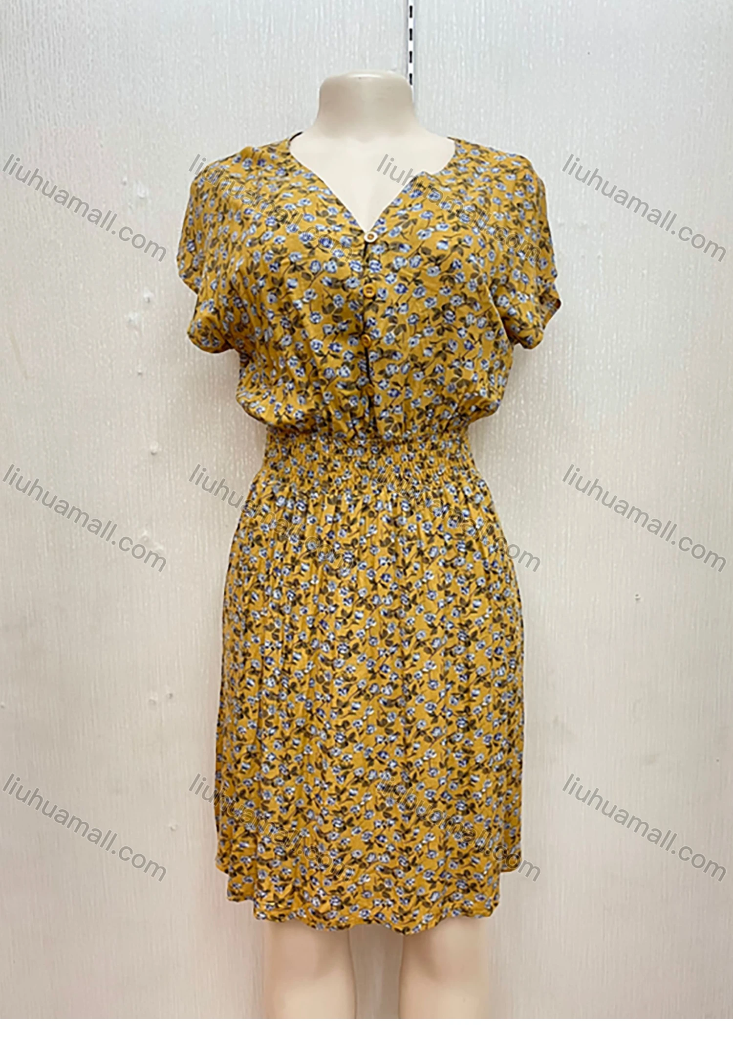 Wholesale Women's Casual Buttons Front Floral Ruched Slim Waist Ruffle Trim Short Dress - Liuhuamall