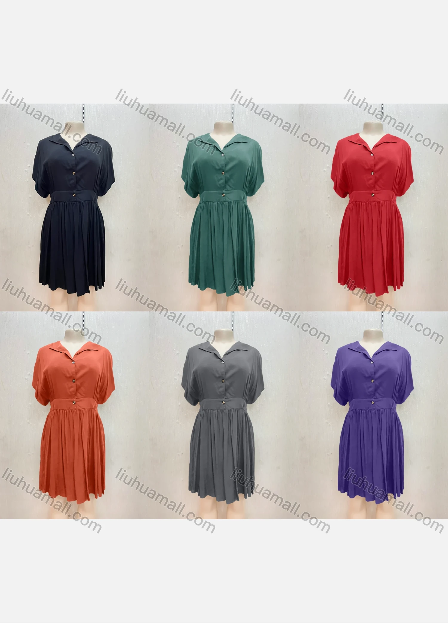 Wholesale Women's Lapel Buttons Ruffle Hem Plain A Line Short Dress - Liuhuamall