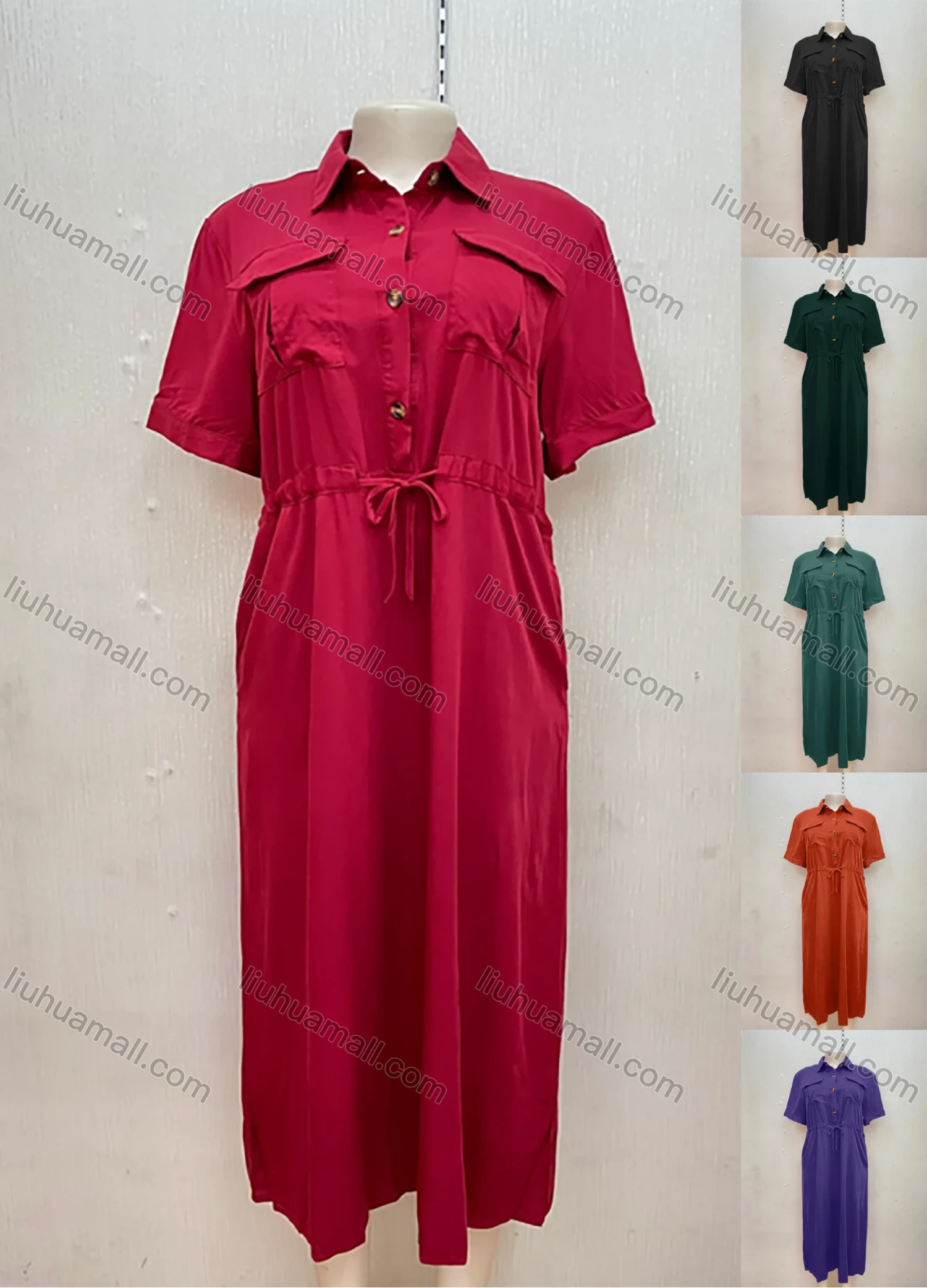 Wholesale Women's Casual Short Sleeve Pockets Drawstring Plain Midi Shirt Dress - Liuhuamall