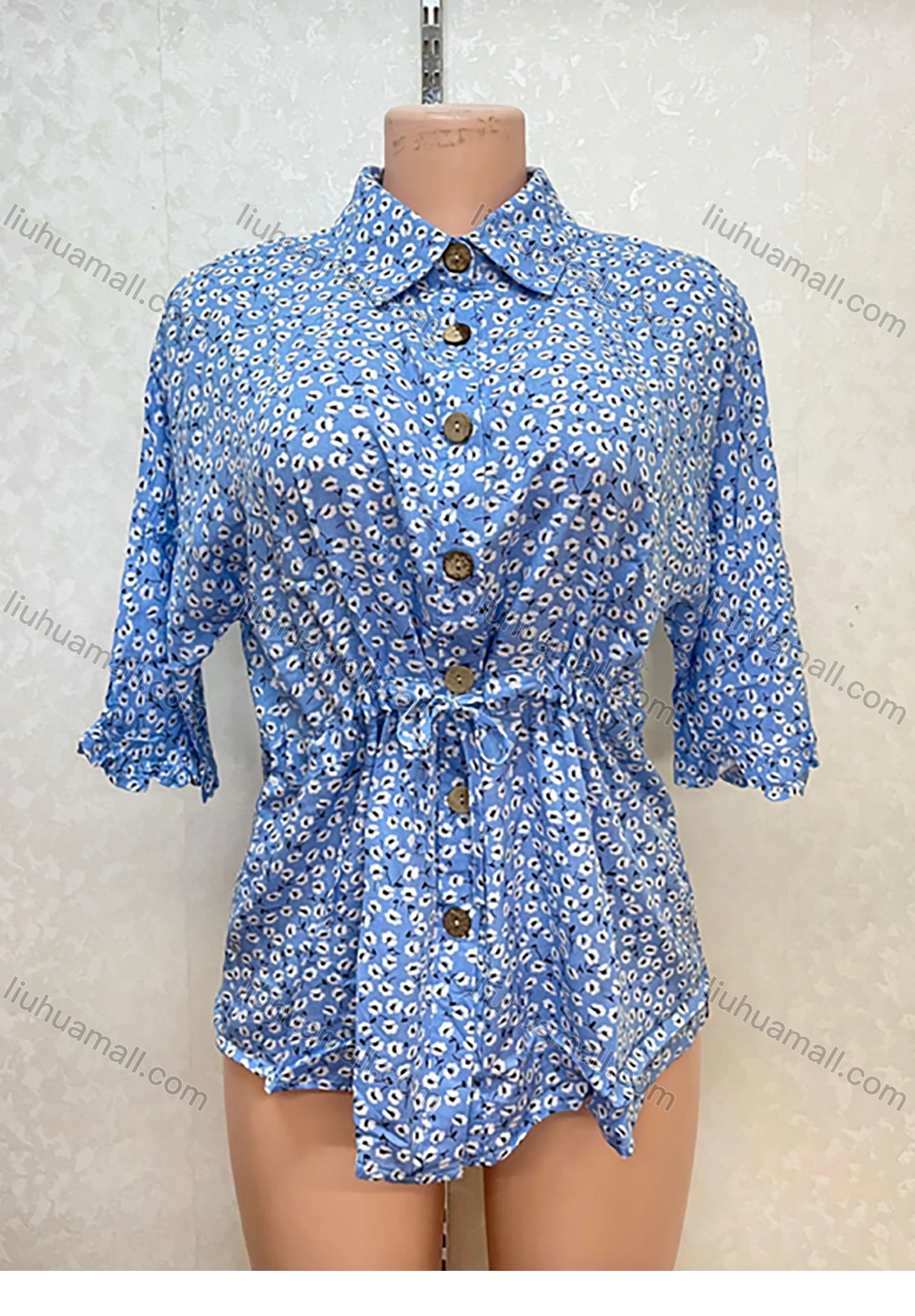 Wholesale Women's Casual Collared Allover Print Buttons Down Ruffle Trim Drawstring Mini Shirt Dress - Liuhuamall