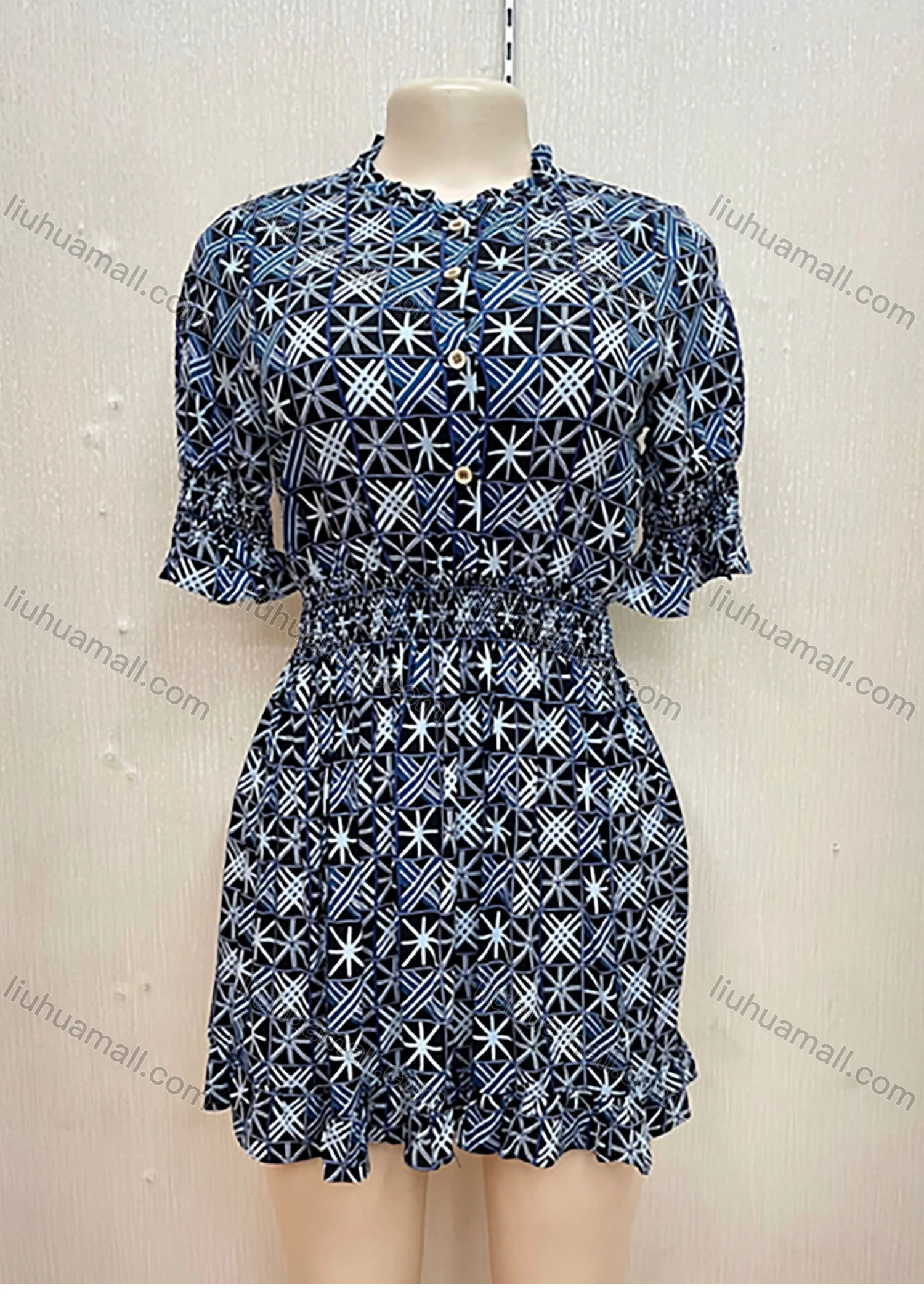 Wholesale Women's Graphic Print Buttons Front Shirred Slim Waist Ruffle Trim Short Dress - Liuhuamall