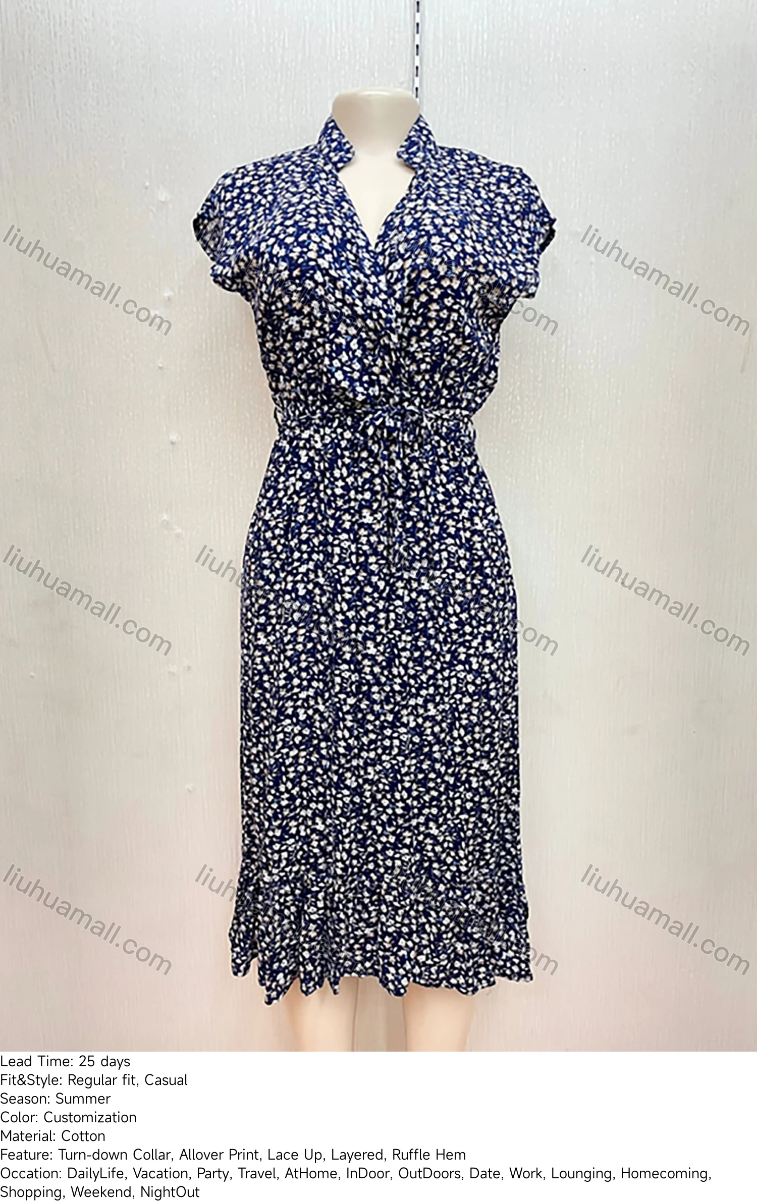 Wholesale Women's Casual Stand Collar Allover Print Layered Ruffle Hem Midi Dress With Belt - Liuhuamall