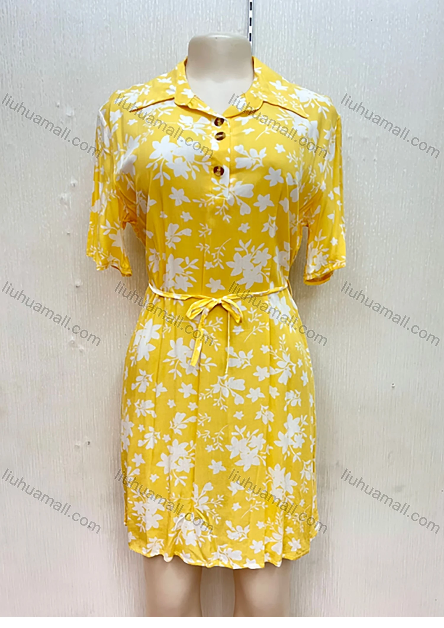 Wholesale Women's Lapel Buttons Front Floral Print Short Sleeve Short Shirt Dress With Belt - Liuhuamall