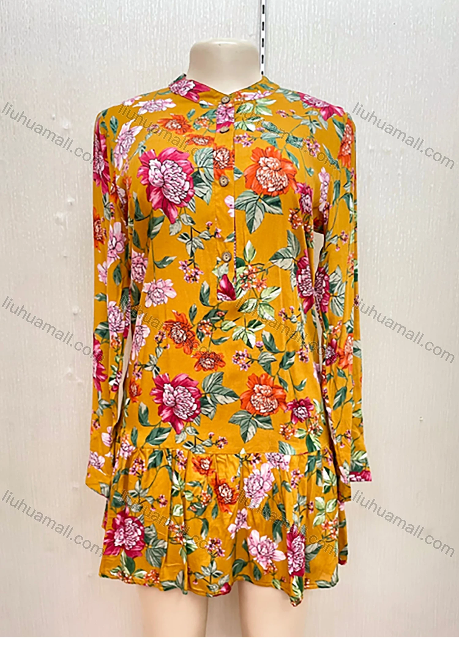 Wholesale Women's Stand Collar Long Sleeve Floral Buttons Front Layered Ruffle Hem Short Shirt Dress - Liuhuamall