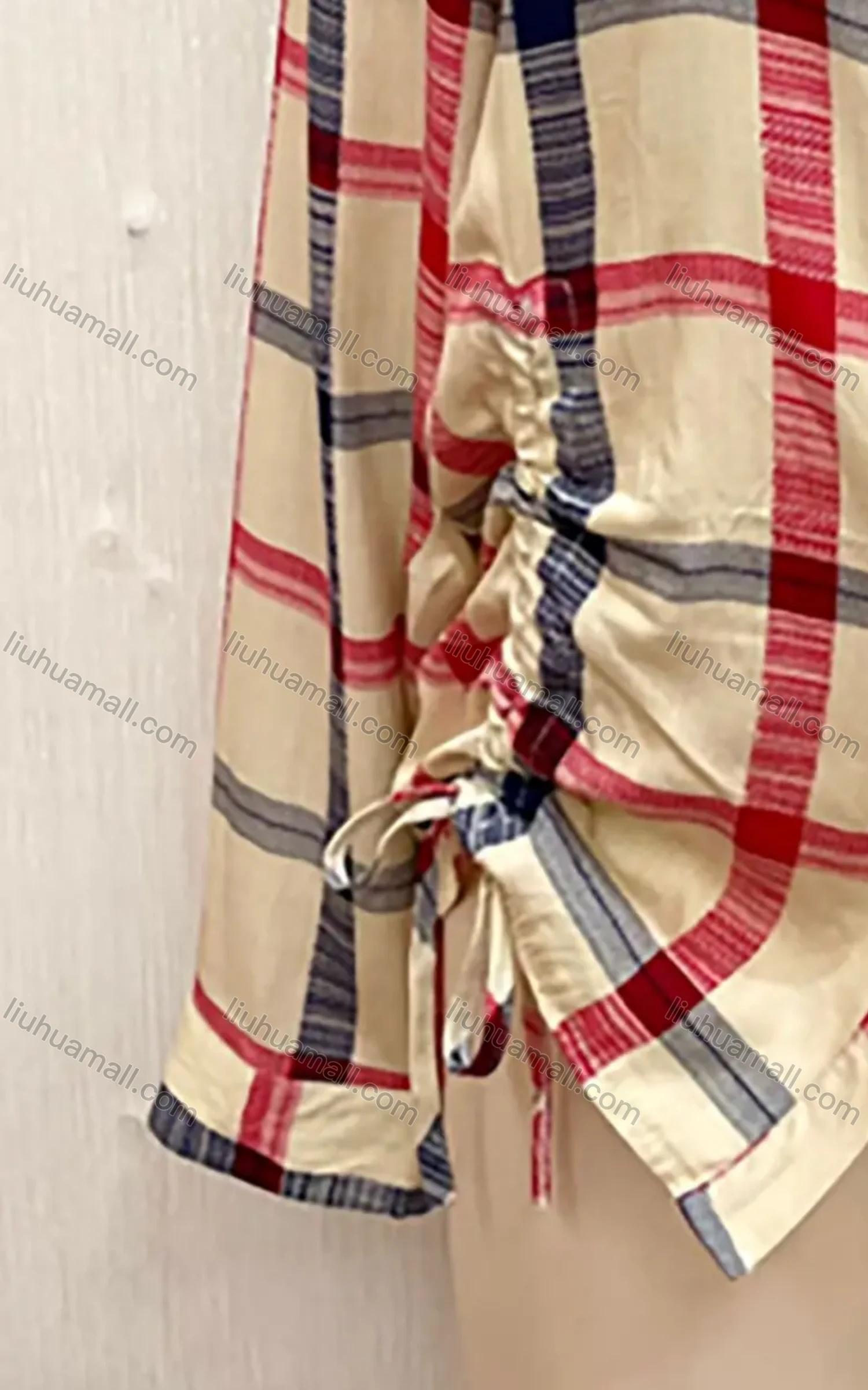 Wholesale Women's Gingham Print Drawstring Side Button Down Casual Shirt - Liuhuamall