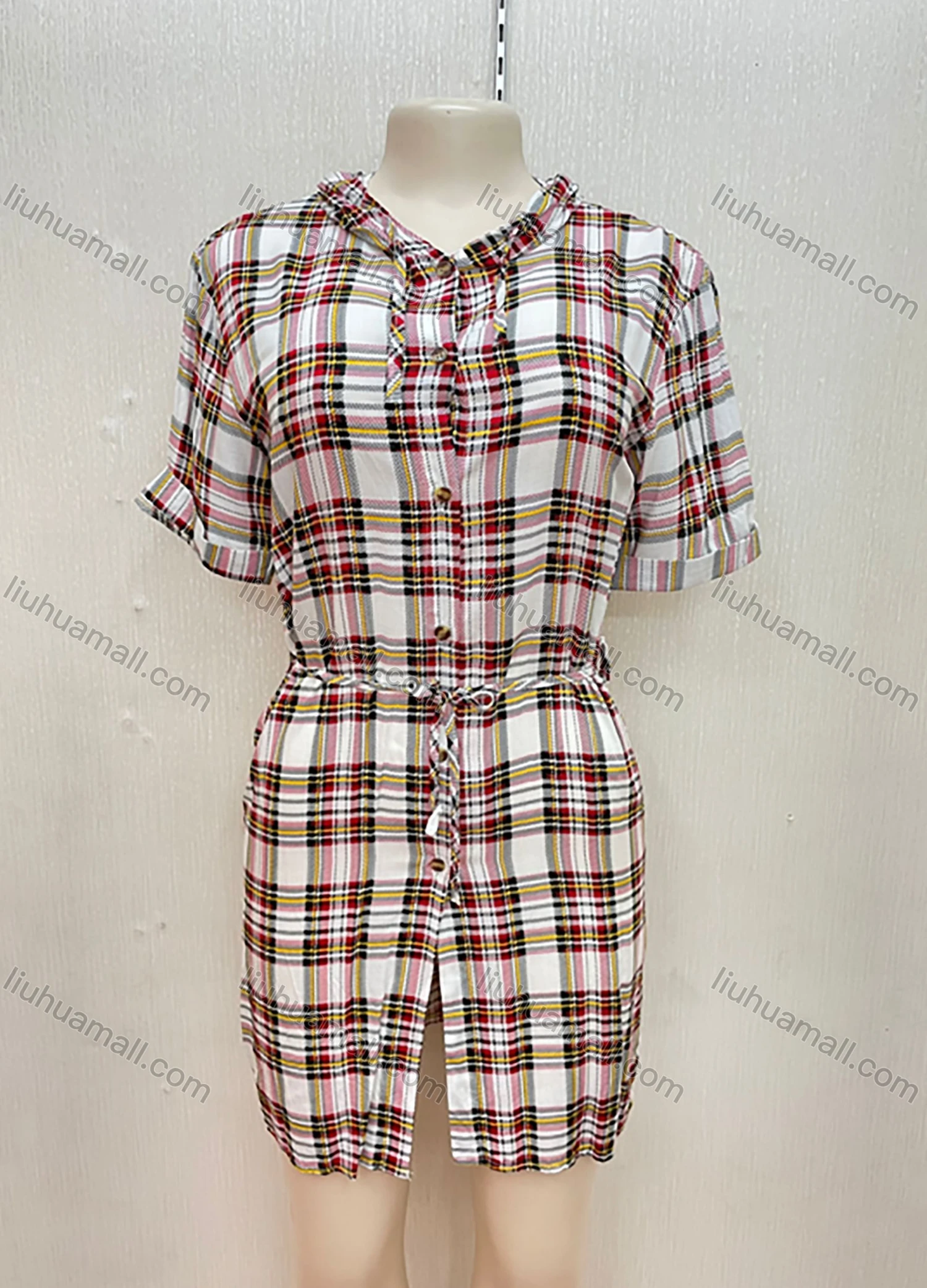 Wholesale Women's Casual Hooded Gingham Print Buttons Down Lace Up Short Dress 2049-1197# - Liuhuamall
