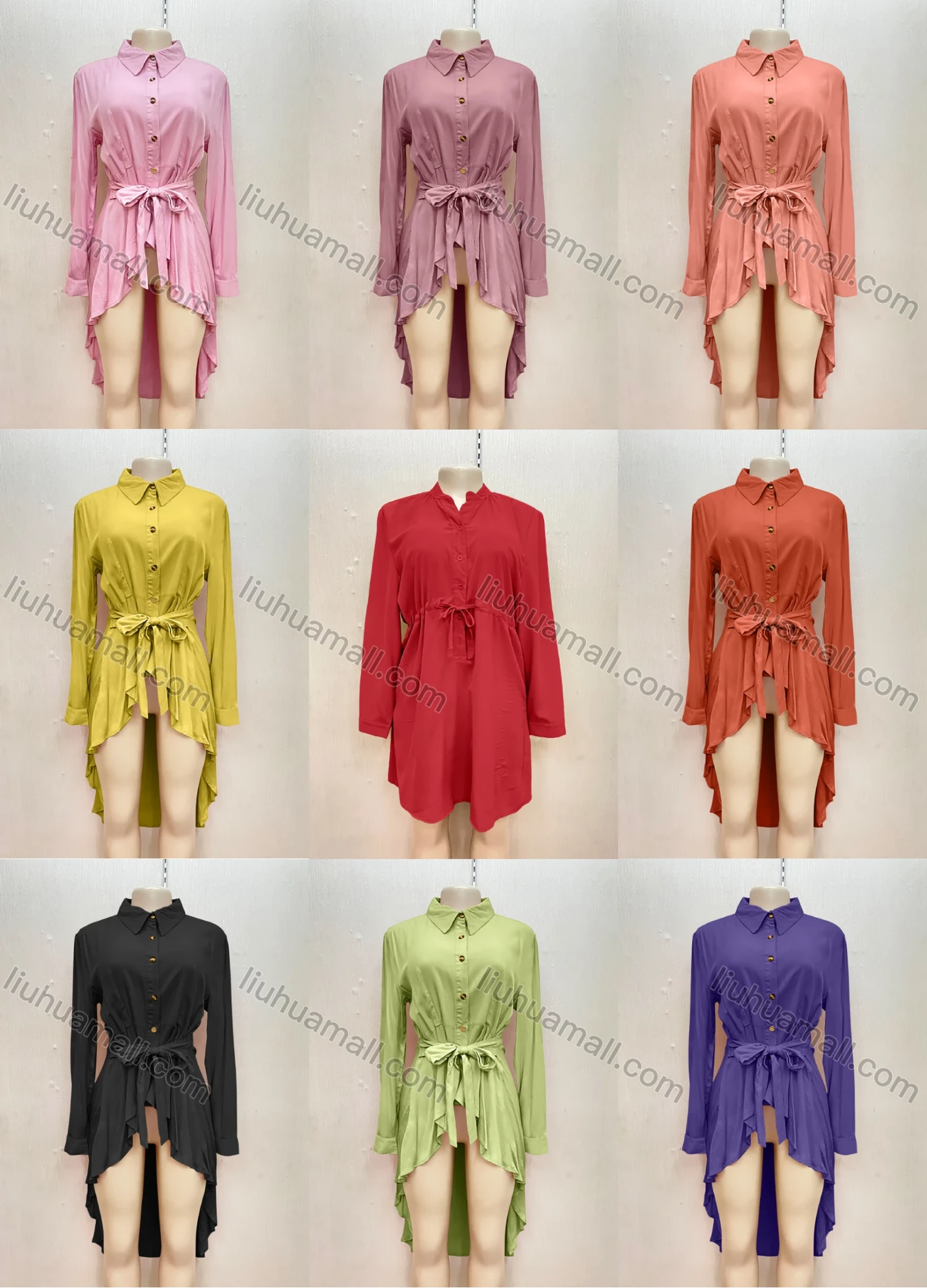 Wholesale Women's Casual Collared Buttons Bow Knot High Low Hem Tunic - Liuhuamall