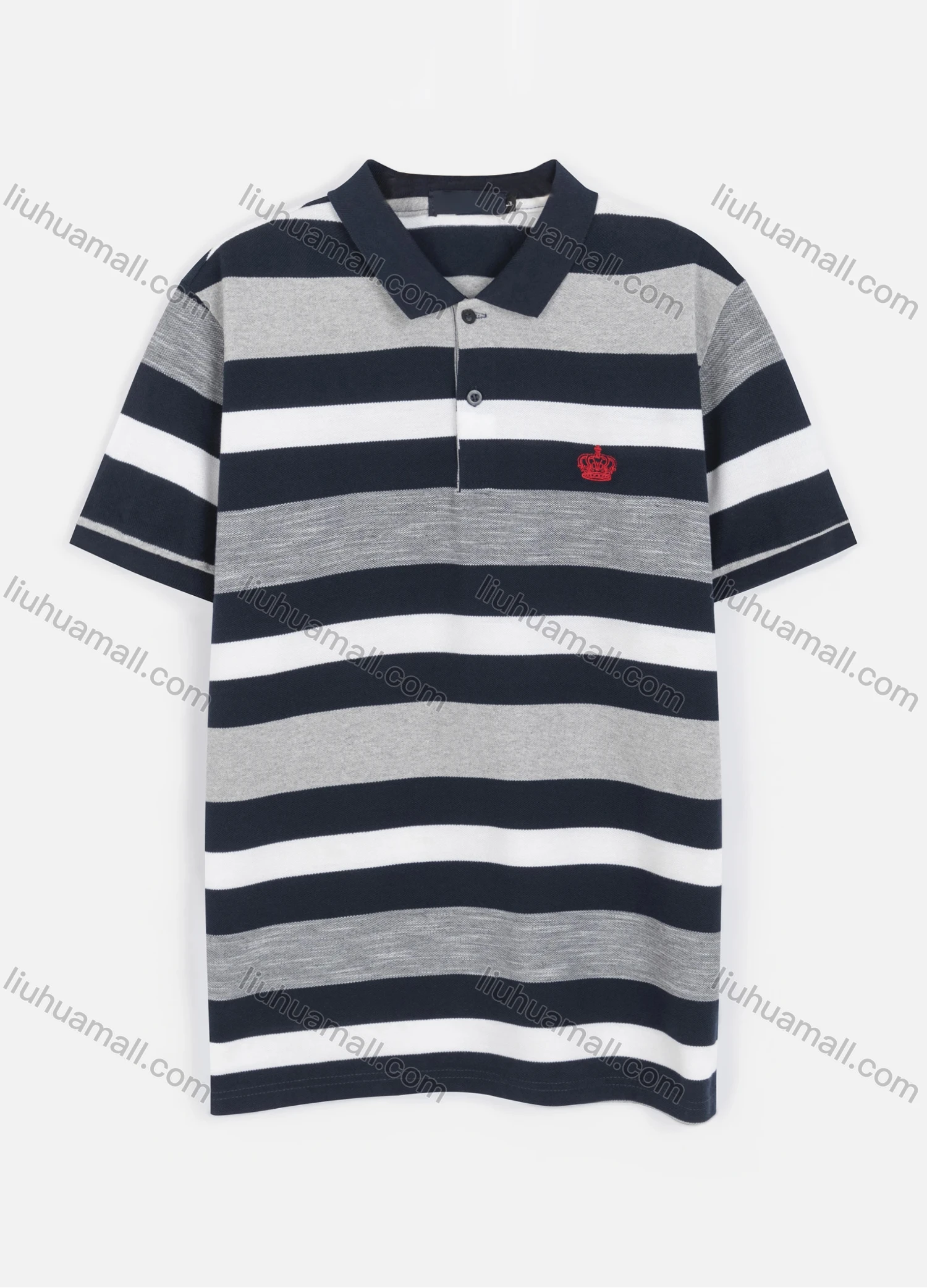 Wholesale Men's Casual Short Sleeve Striped Embroidered Crown Button Polo shirt - Liuhuamall