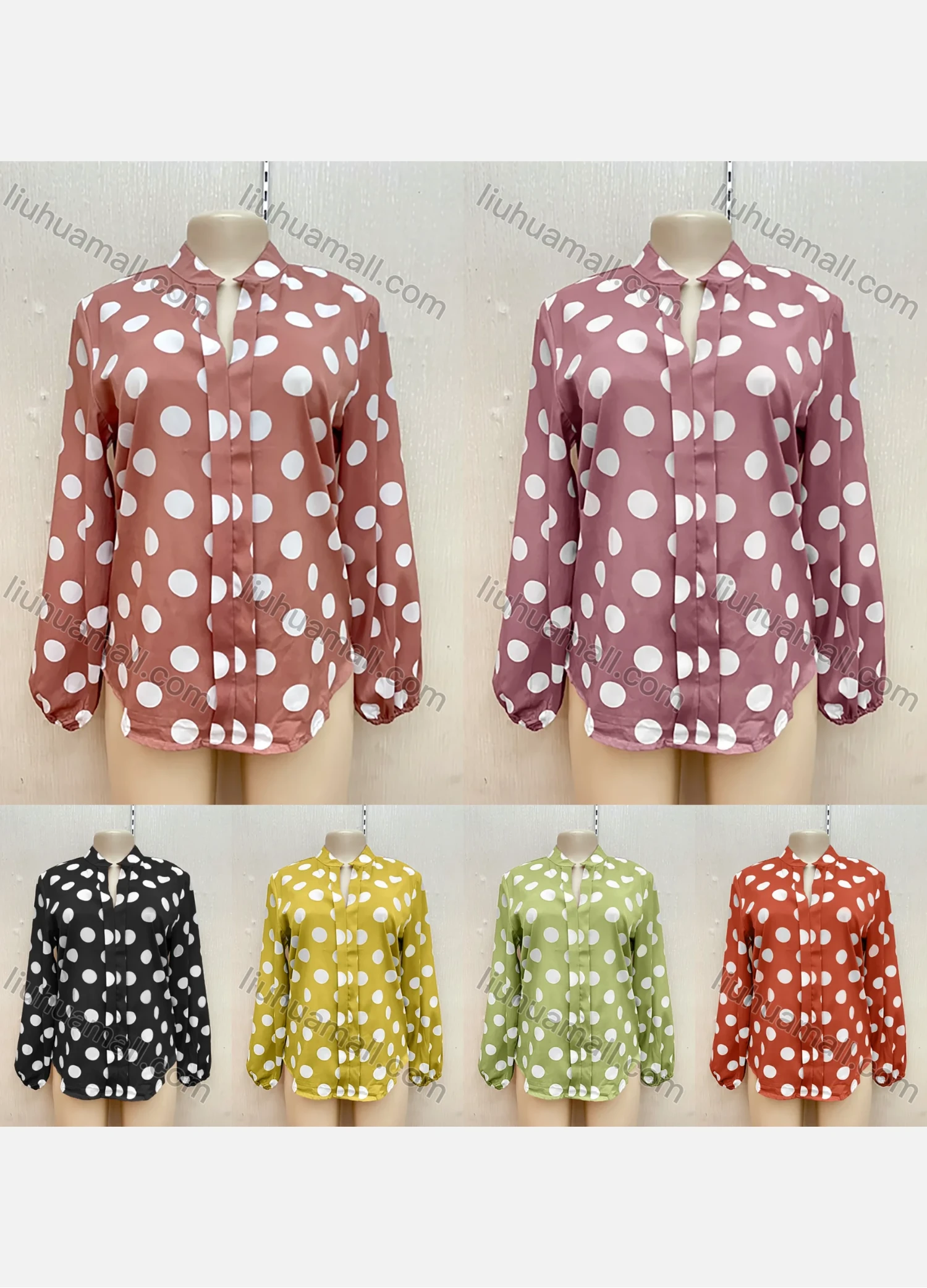Wholesale Women's Casual Stand Collar Long Sleeve Polka Dot Curved Hem Blouse - Liuhuamall