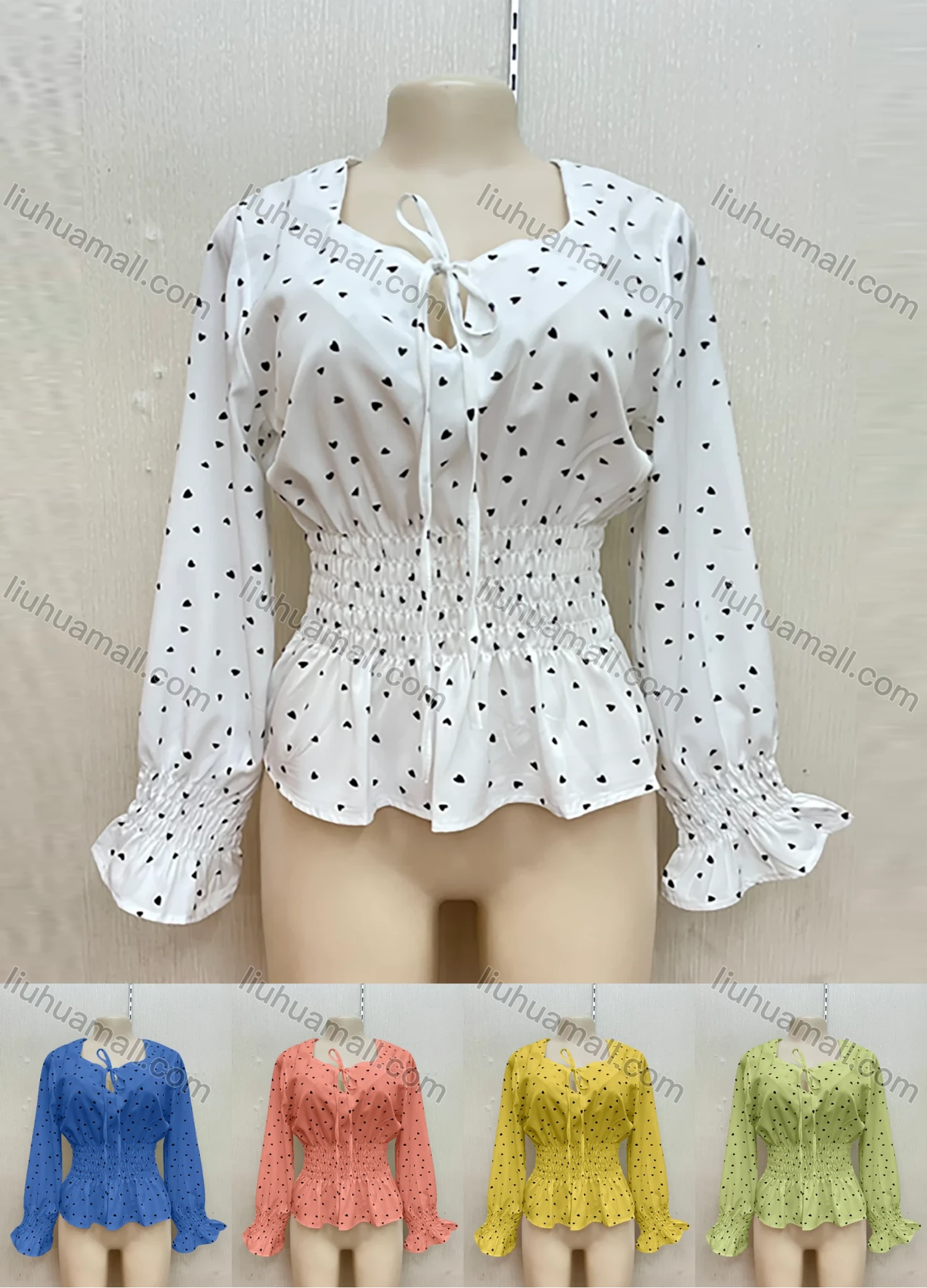 Wholesale Women's Casual Keyhole Neck Lace Up Poet Sleeve Peplum Blouse - Liuhuamall