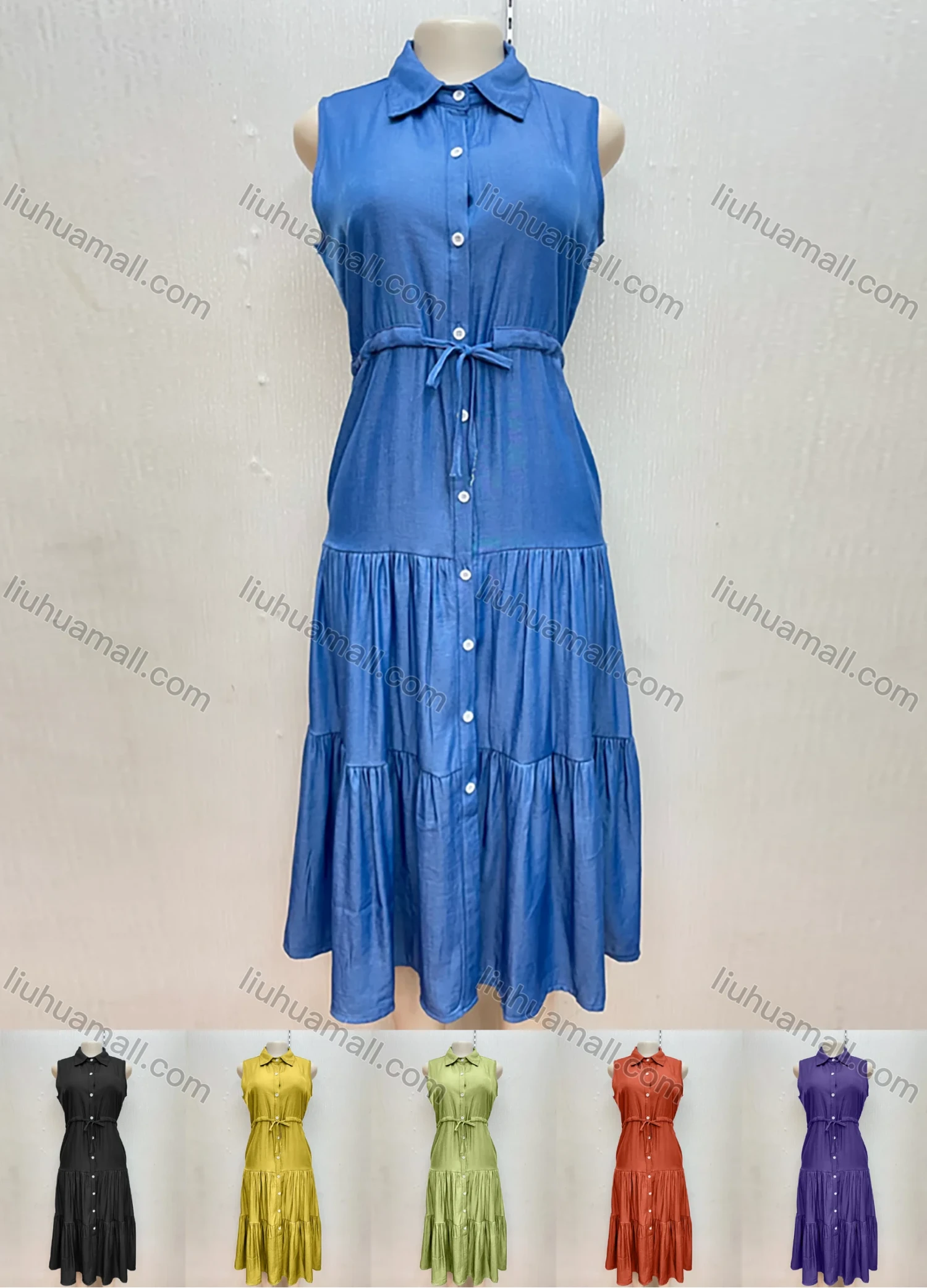 Wholesale Women's Casual Shirt Collar Sleeveless Button Down Drawstring Layered Midi Shirt Dress - Liuhuamall