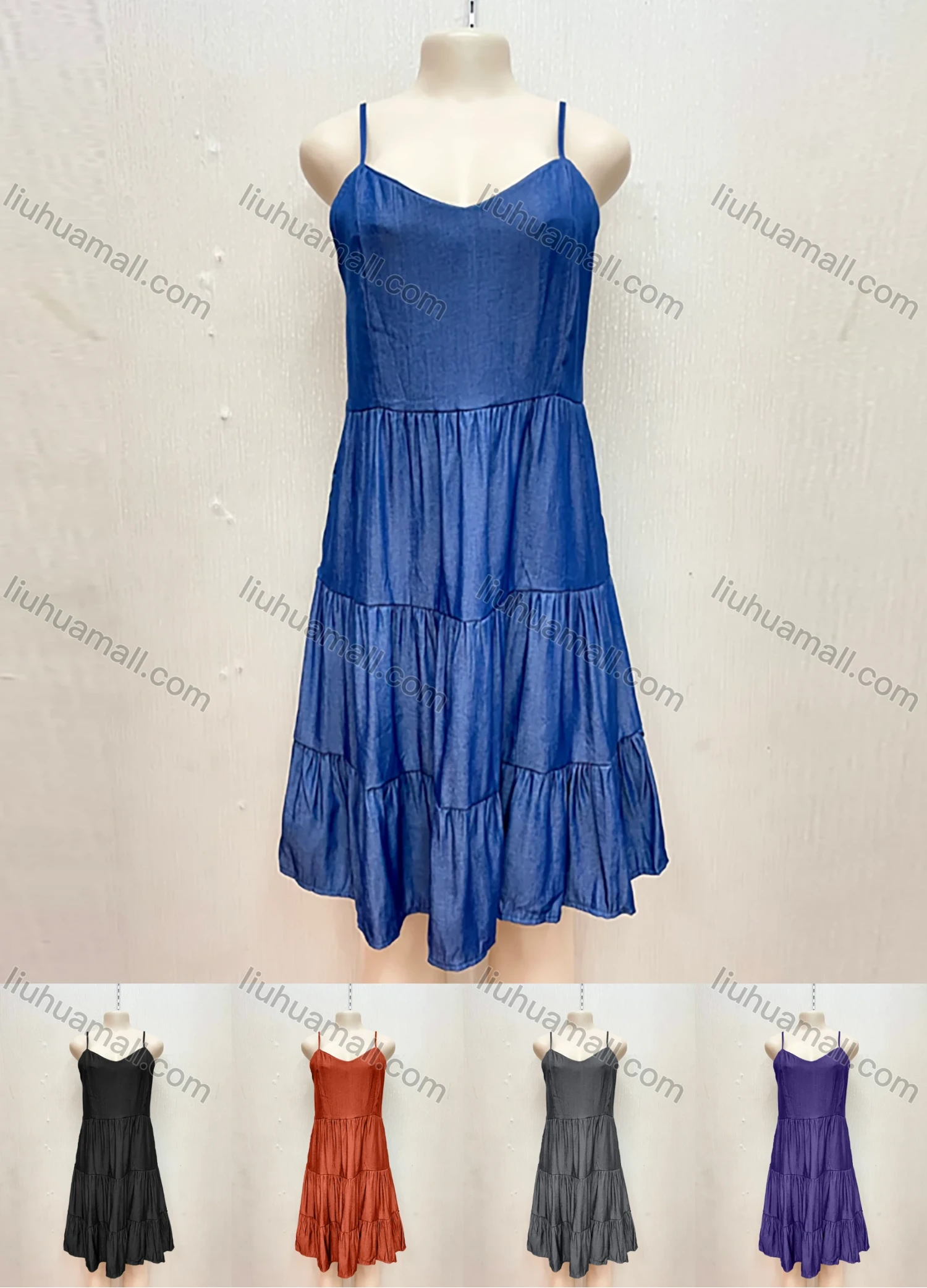Wholesale Women's Casual Spaghetti Strap Layered Ruffle Hem Plain Cami Dress - Liuhuamall