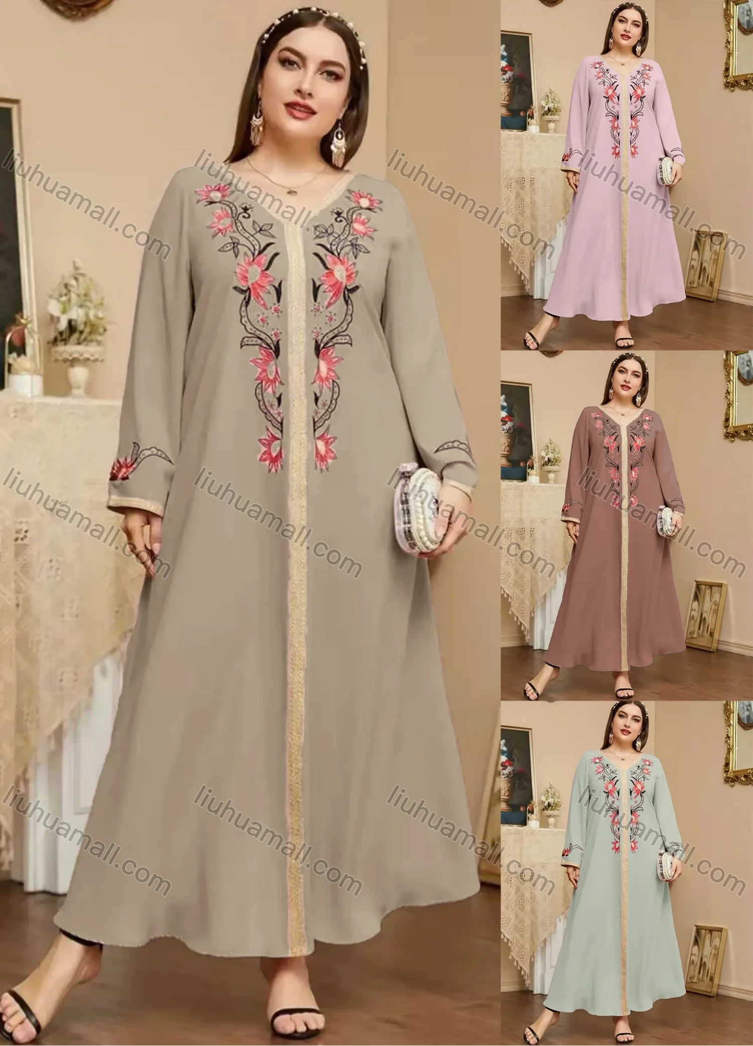 Wholesale Women's Elegant Islamic Muslim V Neck Long Sleeve Floral Print Kaftan Abaya Dress - Liuhuamall