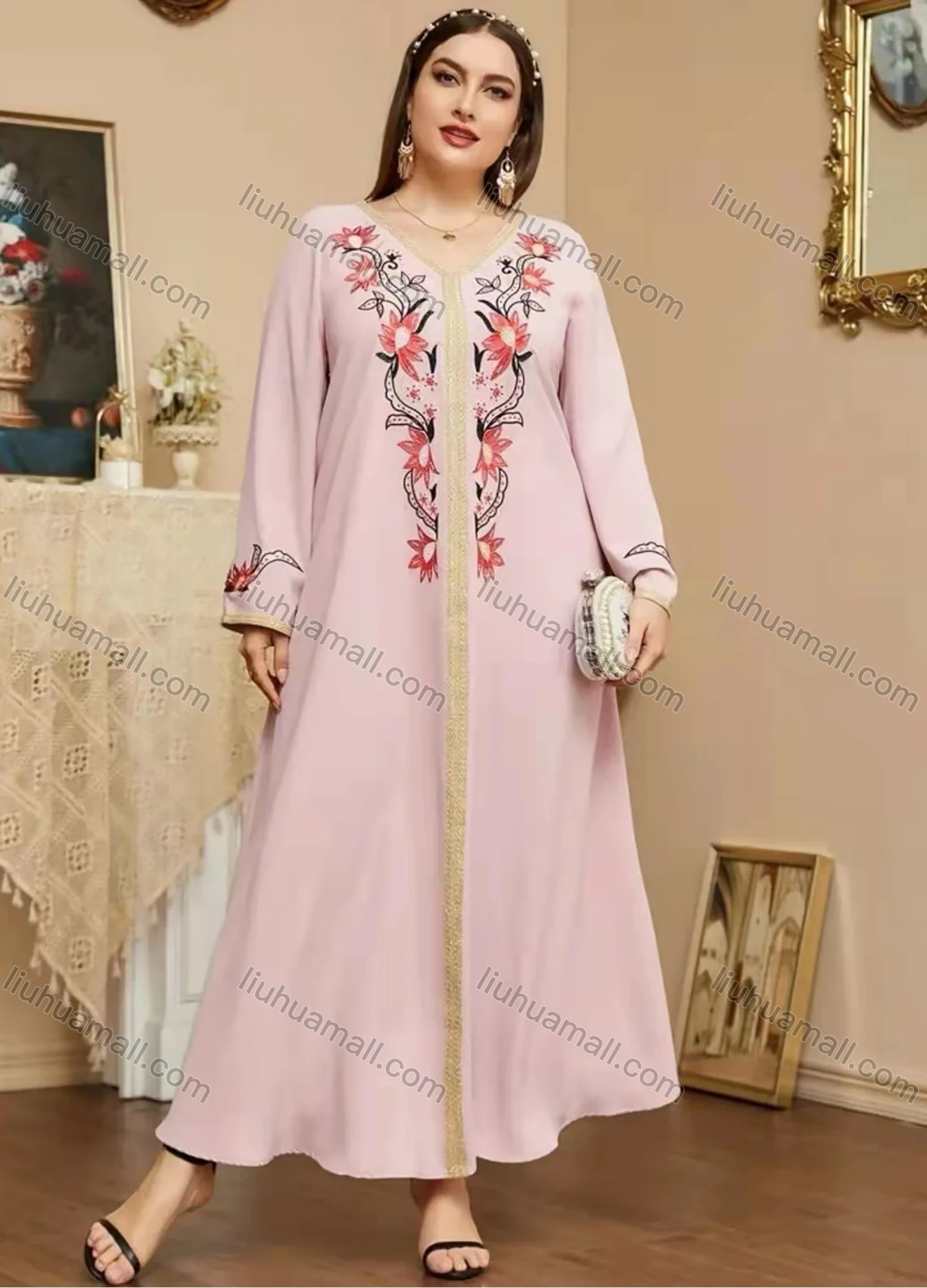 Wholesale Women's Elegant Islamic Muslim V Neck Long Sleeve Floral Print Kaftan Abaya Dress - Liuhuamall