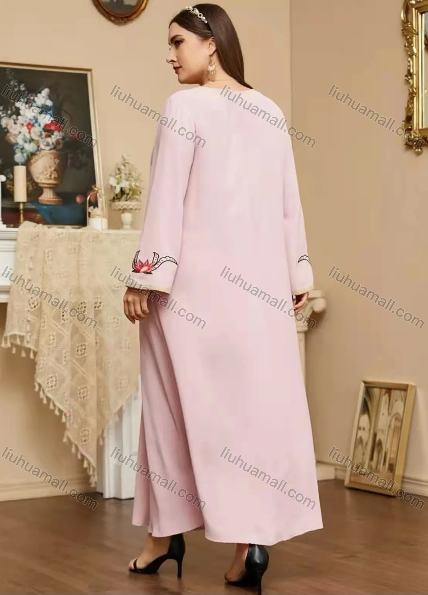 Wholesale Women's Elegant Islamic Muslim V Neck Long Sleeve Floral Print Kaftan Abaya Dress - Liuhuamall