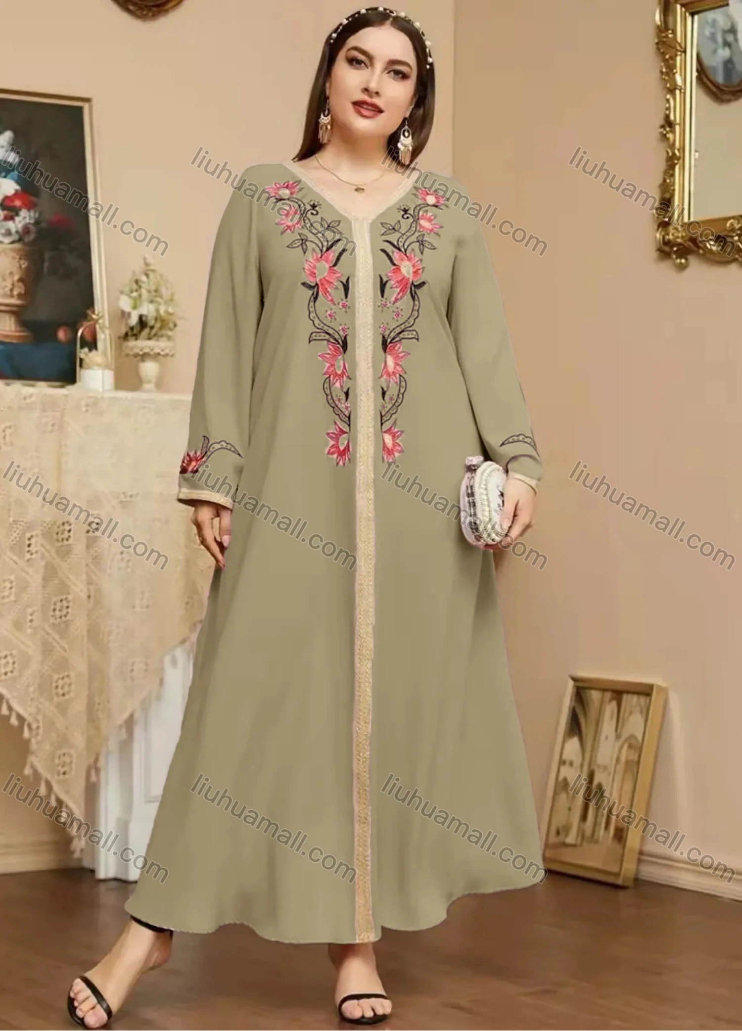 Wholesale Women's Elegant Islamic Muslim V Neck Long Sleeve Floral Print Kaftan Abaya Dress - Liuhuamall