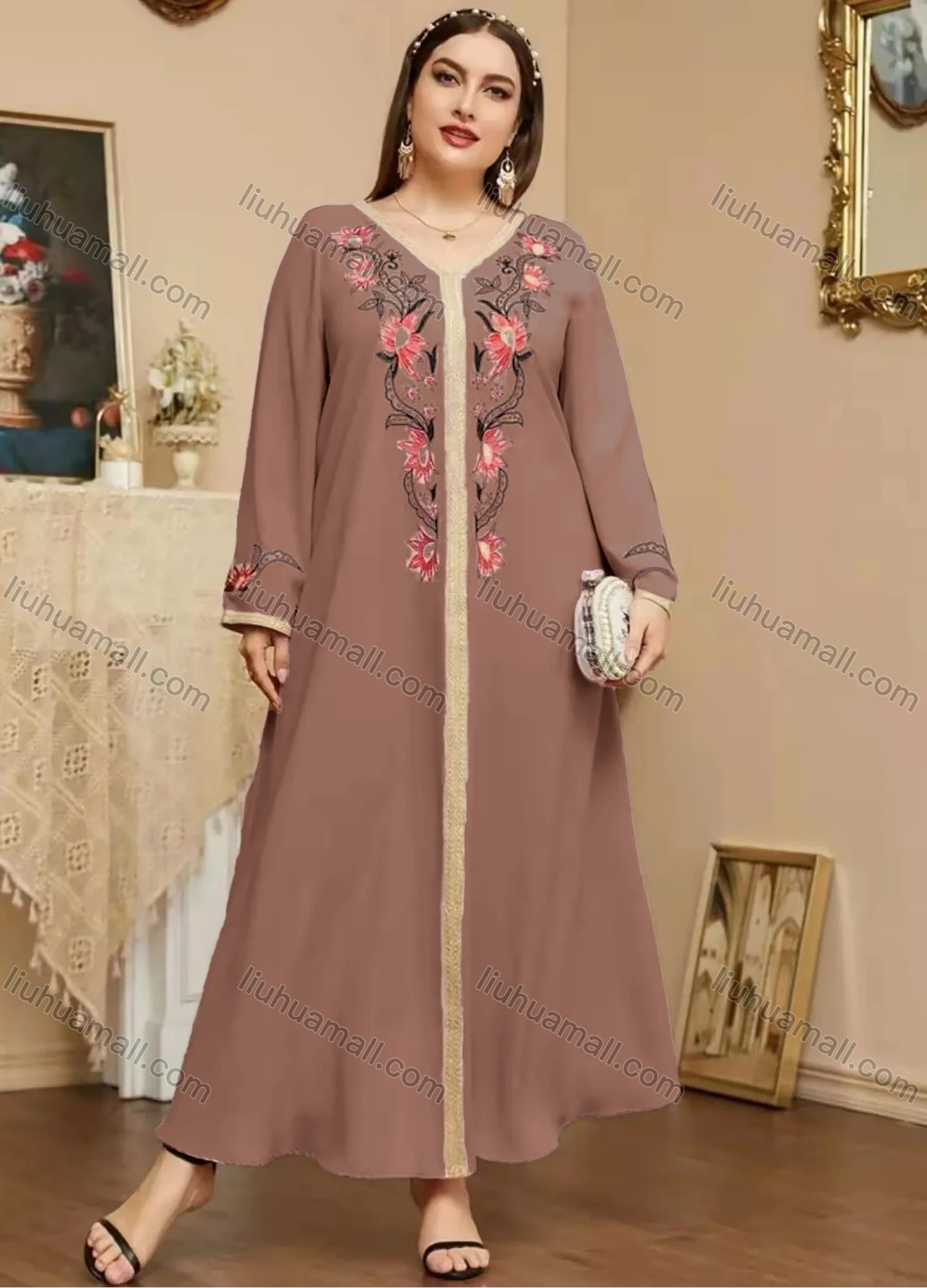 Wholesale Women's Elegant Islamic Muslim V Neck Long Sleeve Floral Print Kaftan Abaya Dress - Liuhuamall