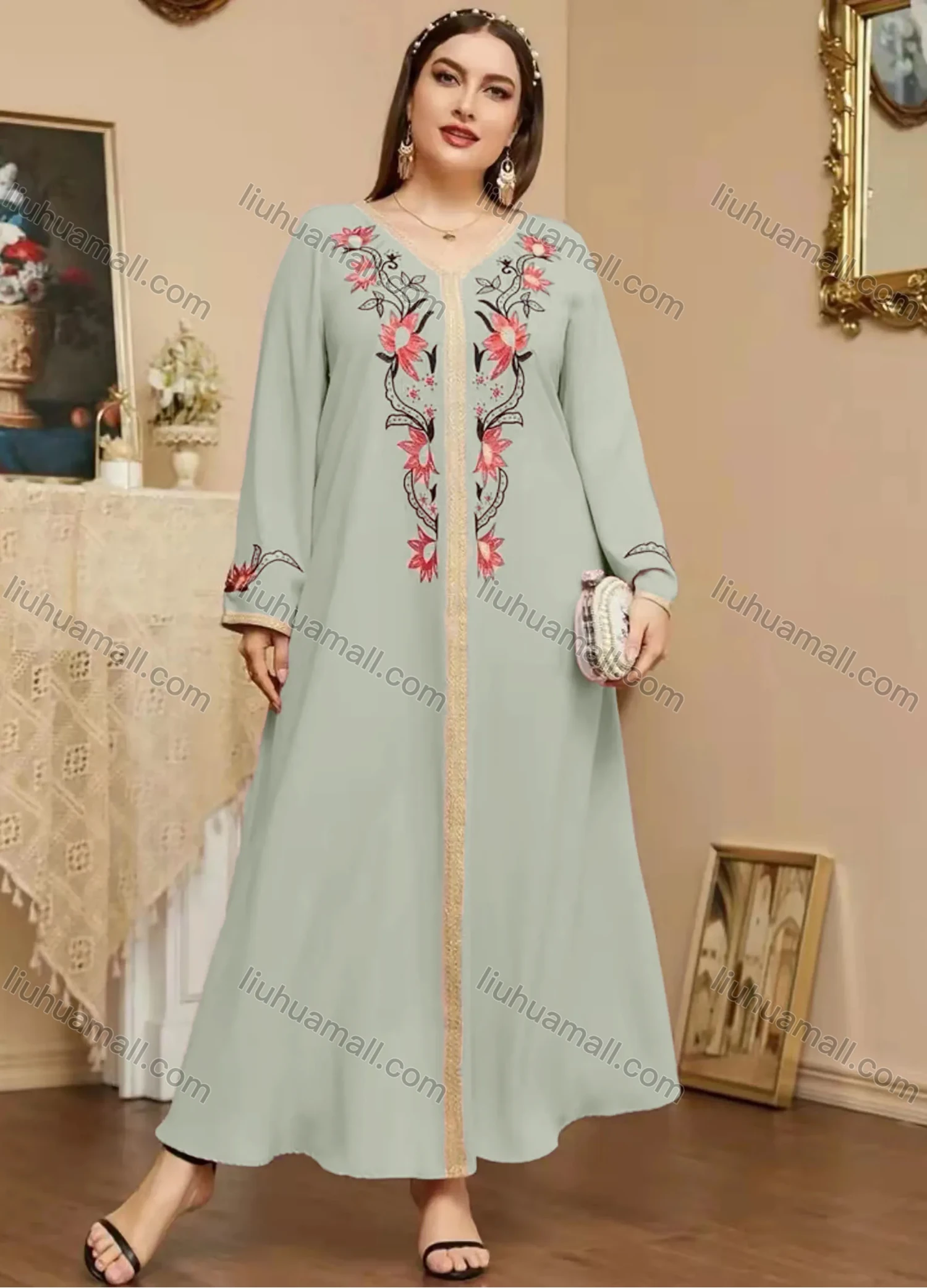 Wholesale Women's Elegant Islamic Muslim V Neck Long Sleeve Floral Print Kaftan Abaya Dress - Liuhuamall