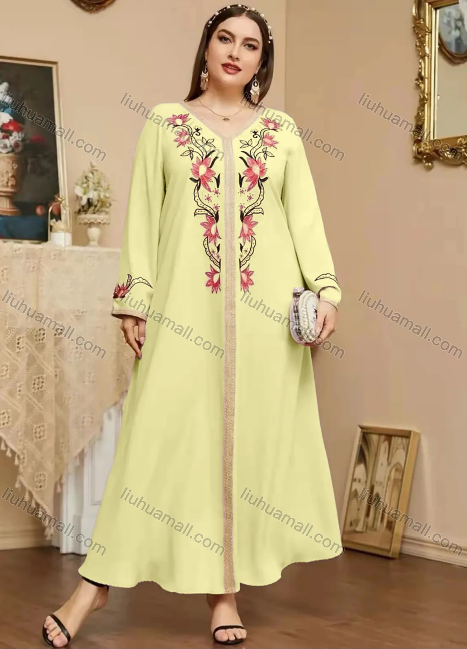 Wholesale Women's Elegant Islamic Muslim V Neck Long Sleeve Floral Print Kaftan Abaya Dress - Liuhuamall