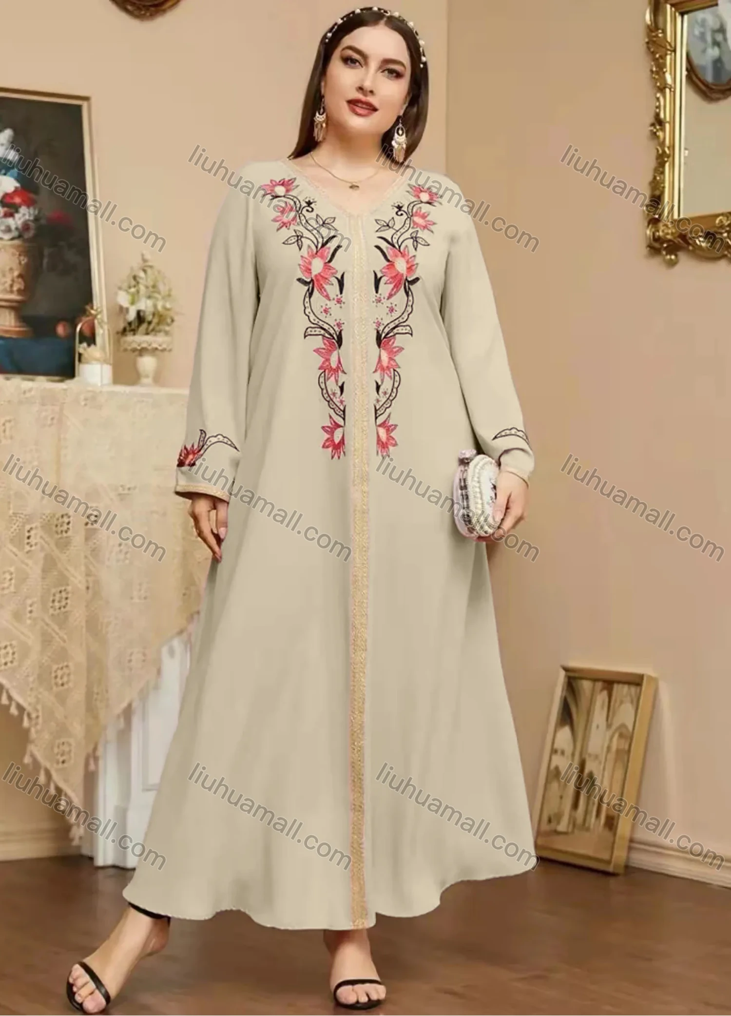 Wholesale Women's Elegant Islamic Muslim V Neck Long Sleeve Floral Print Kaftan Abaya Dress - Liuhuamall
