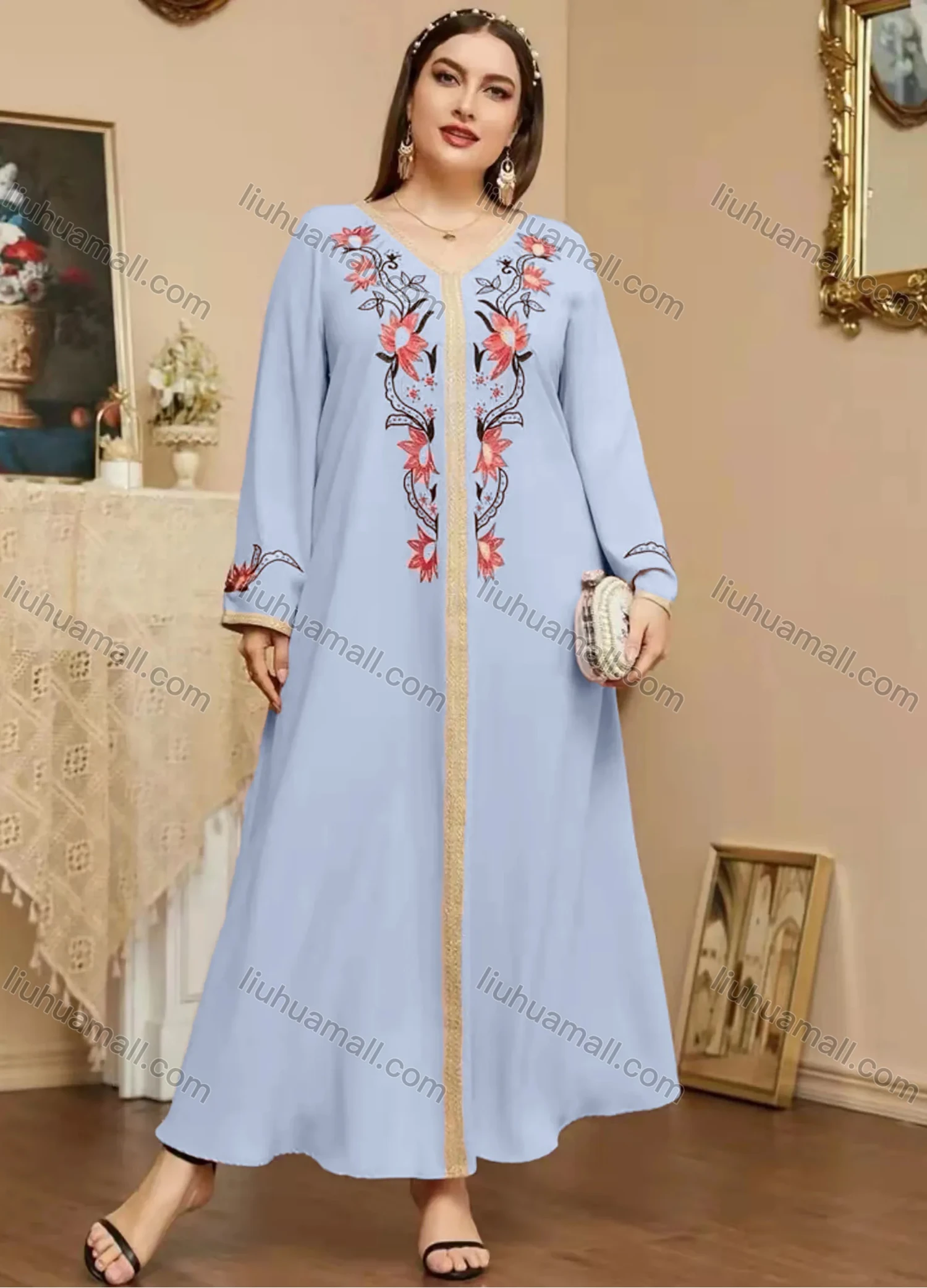 Wholesale Women's Elegant Islamic Muslim V Neck Long Sleeve Floral Print Kaftan Abaya Dress - Liuhuamall