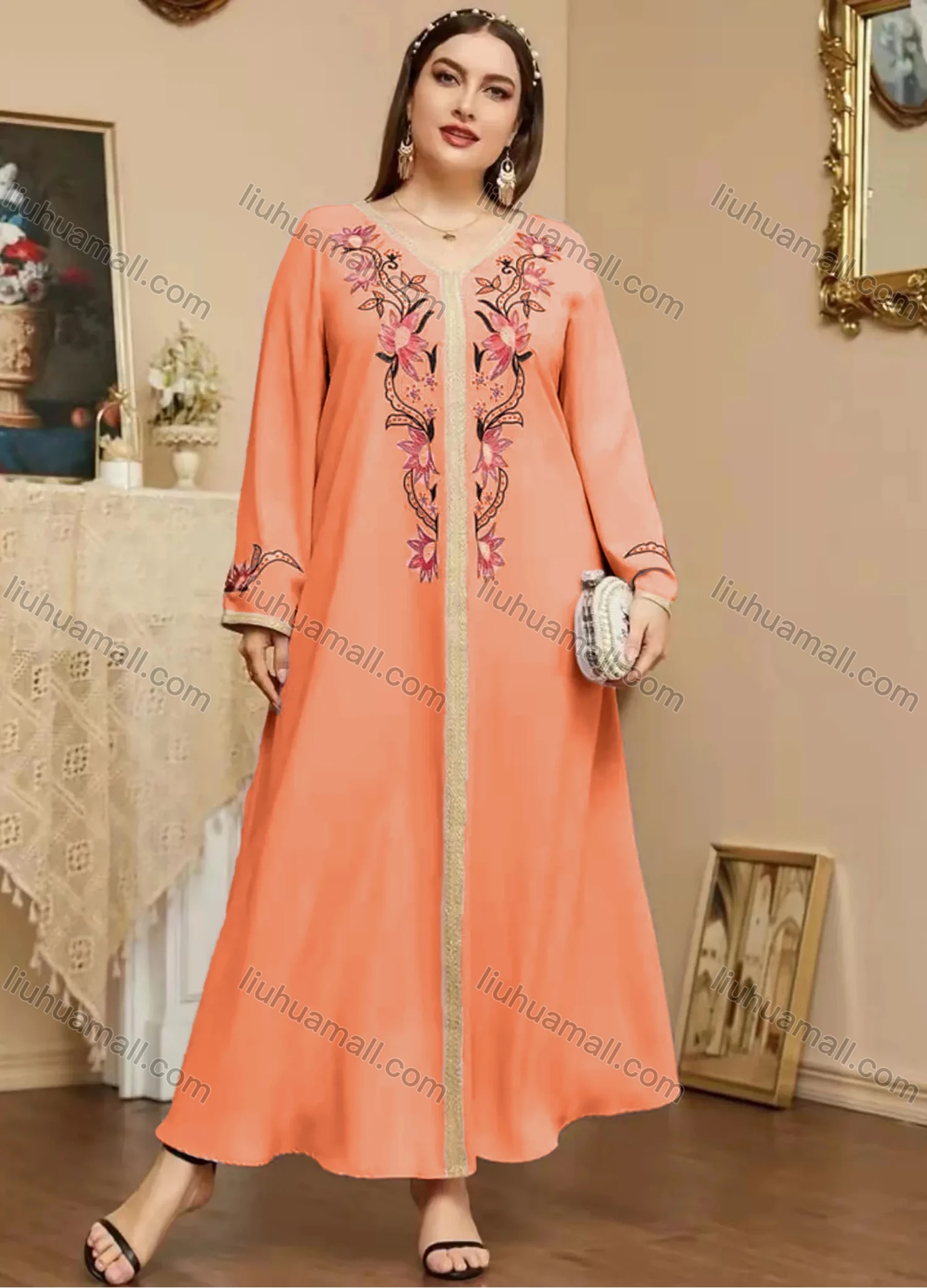 Wholesale Women's Elegant Islamic Muslim V Neck Long Sleeve Floral Print Kaftan Abaya Dress - Liuhuamall