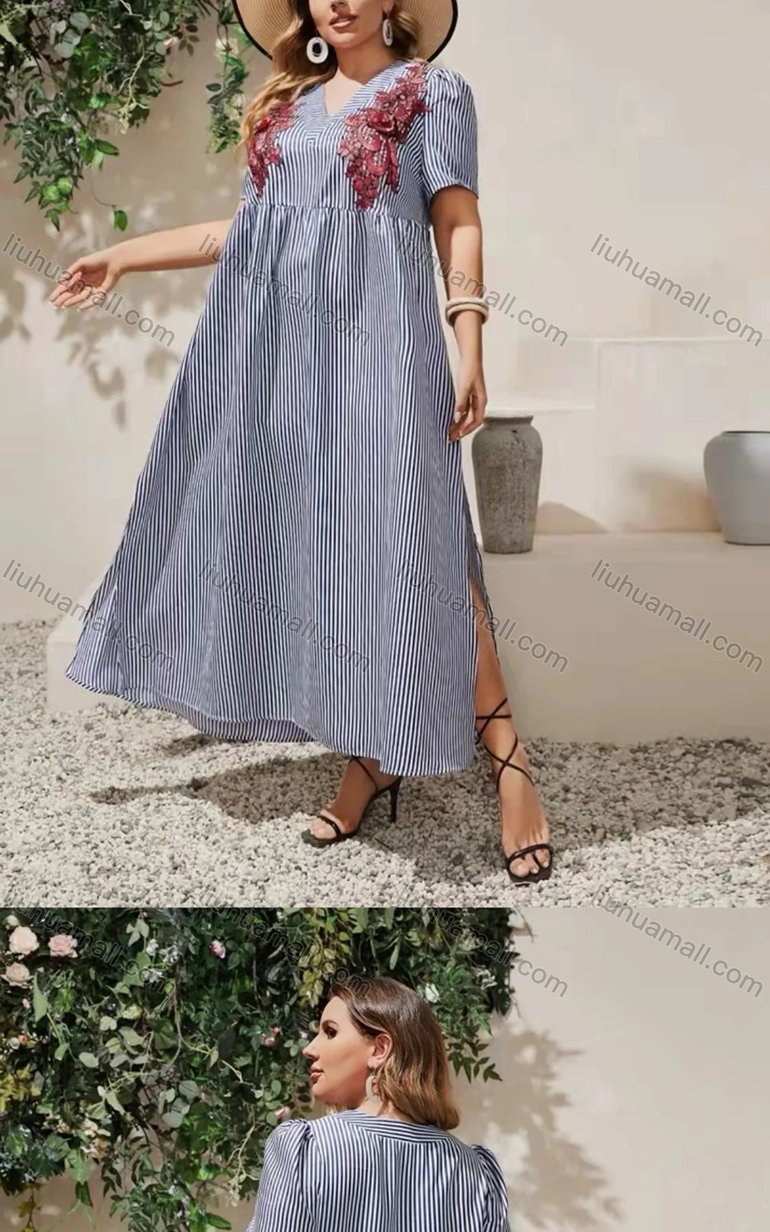 Wholesale Women's V Neck Short Sleeve Striped Floral Side Slit Maxi Dress A1309-3476# - Liuhuamall