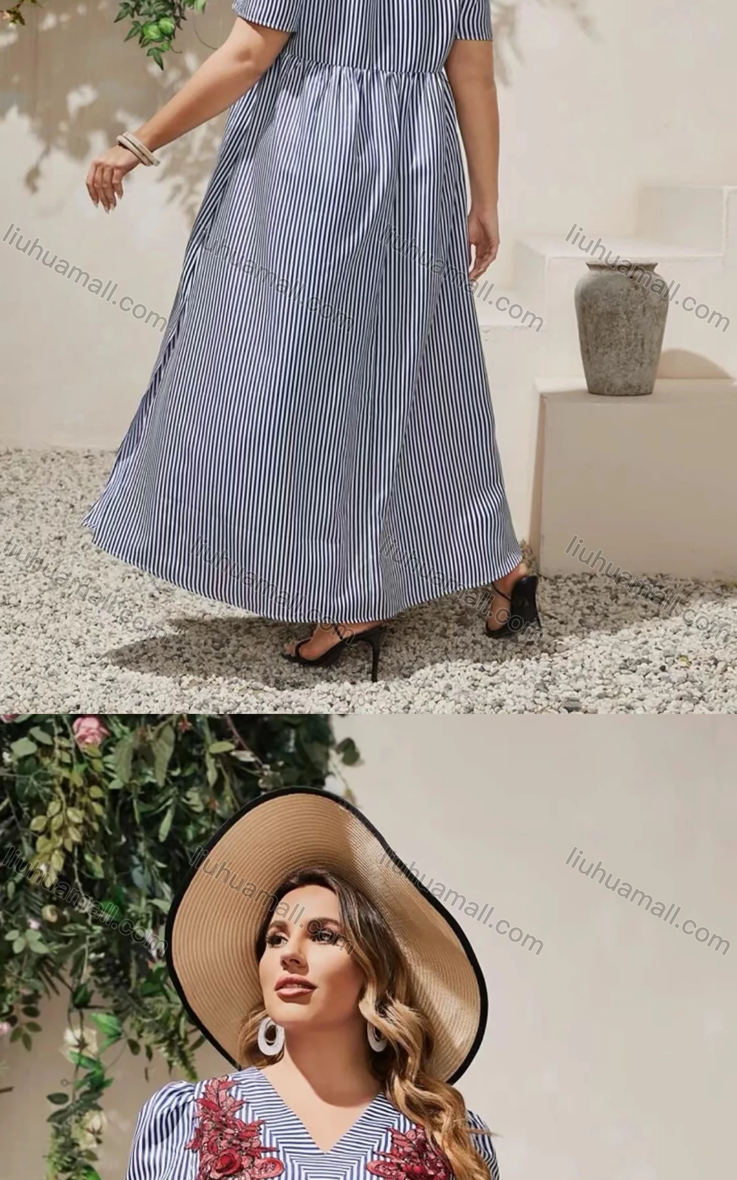 Wholesale Women's V Neck Short Sleeve Striped Floral Side Slit Maxi Dress A1309-3476# - Liuhuamall