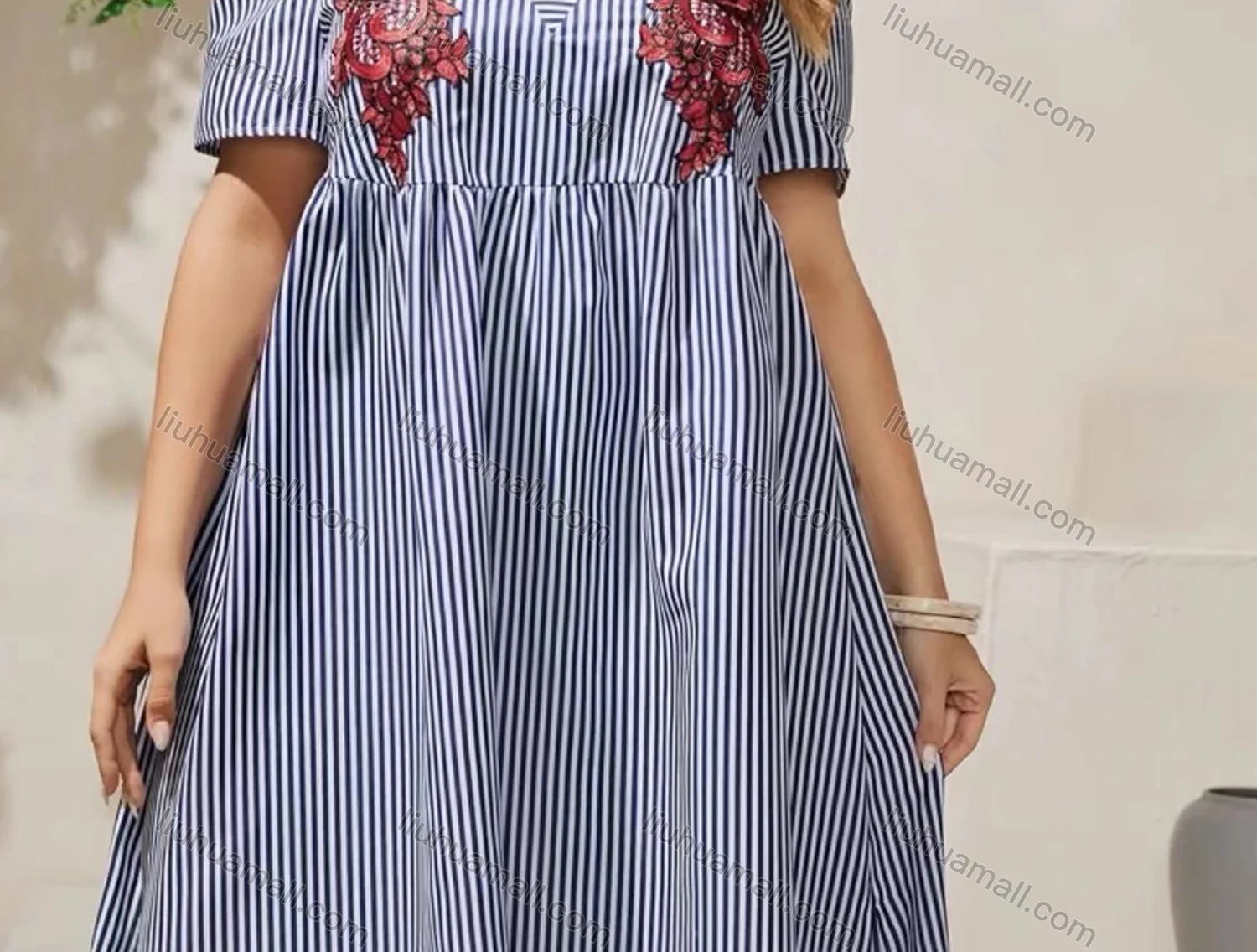 Wholesale Women's V Neck Short Sleeve Striped Floral Side Slit Maxi Dress A1309-3476# - Liuhuamall