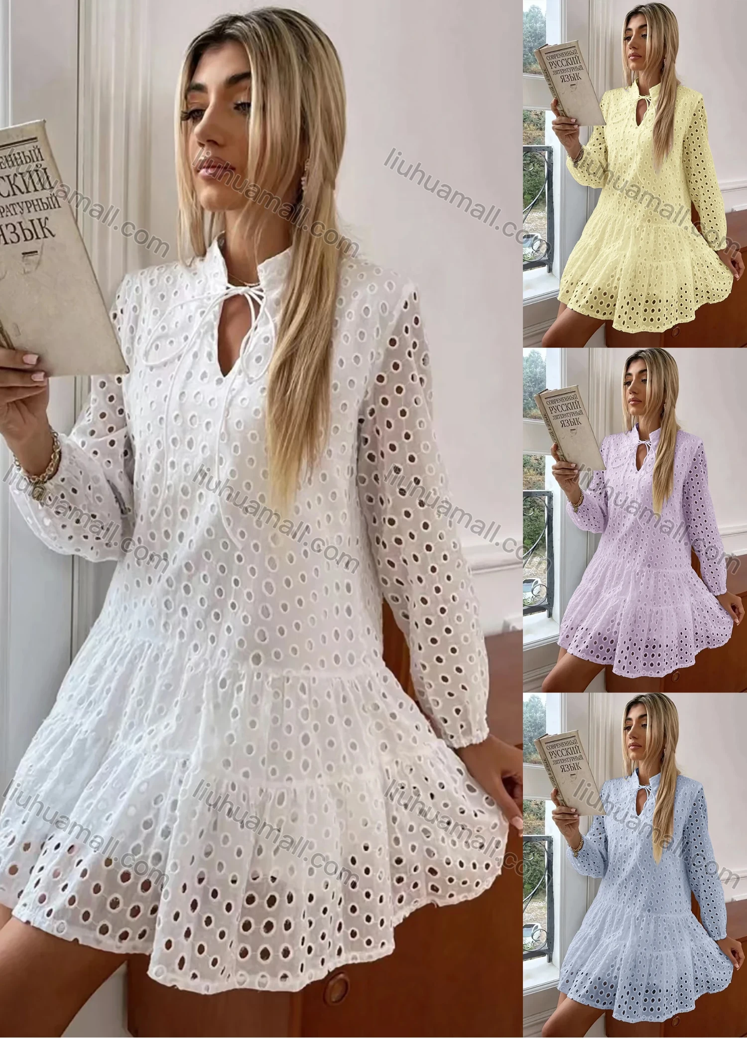 Wholesale Women's Tie Neck Lace Up Eyelet Embroidered Layered Ruffle Hem Short Dress A1309-5201# - Liuhuamall