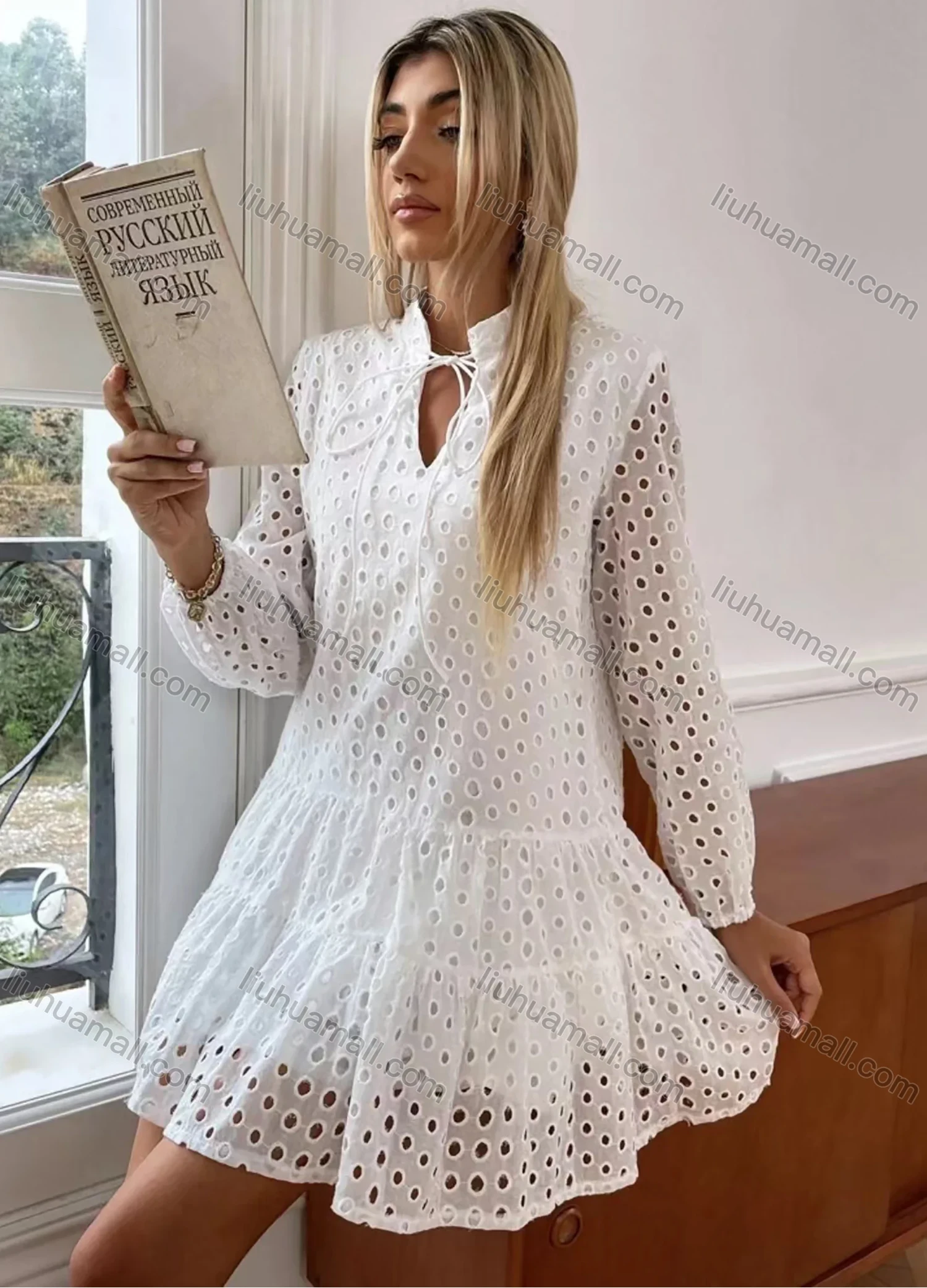 Wholesale Women's Tie Neck Lace Up Eyelet Embroidered Layered Ruffle Hem Short Dress A1309-5201# - Liuhuamall