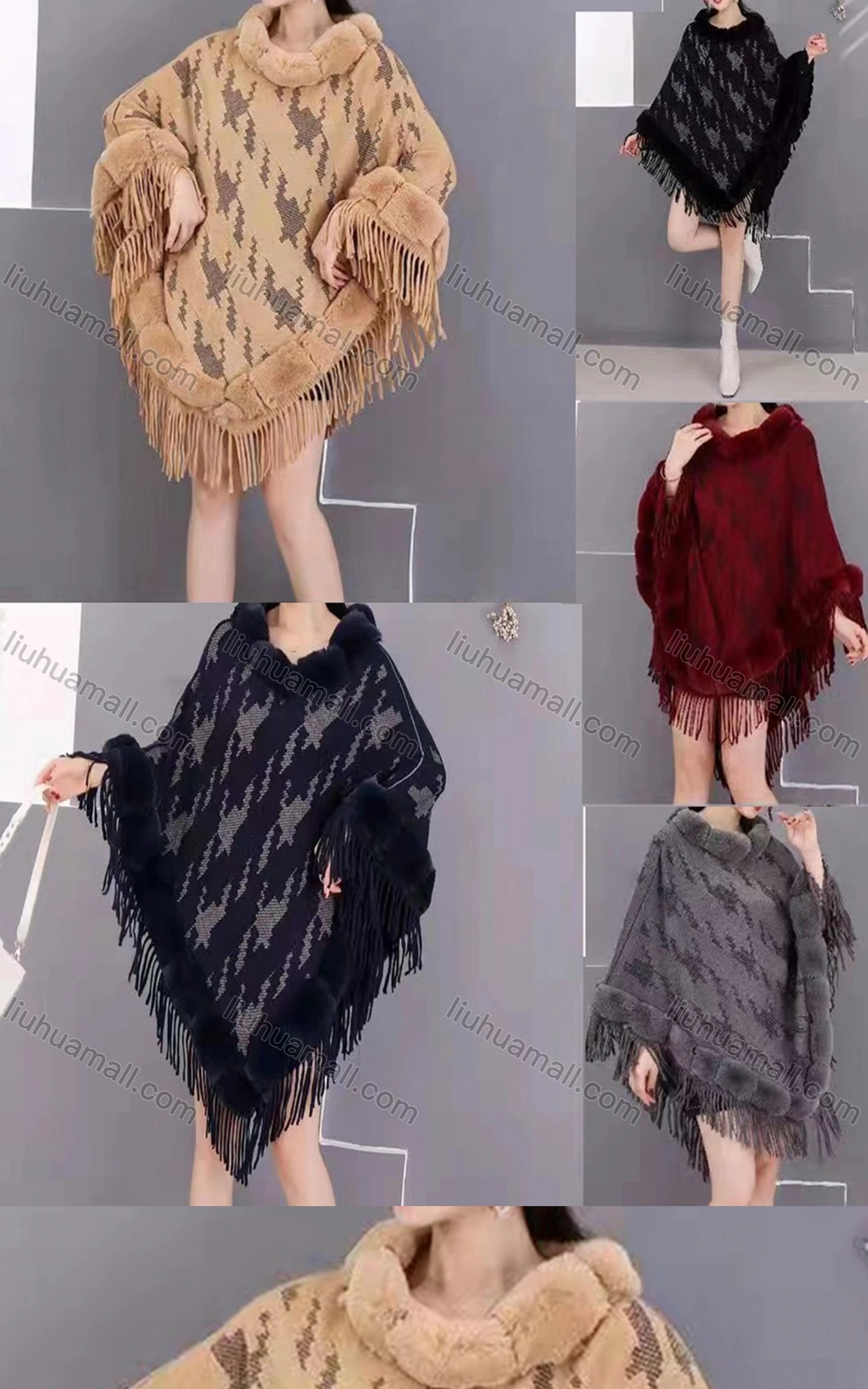 Wholesale Women's Elegant Mosaic Print Fuzzy Trim Scarf Hem Cape 3104# - Liuhuamall