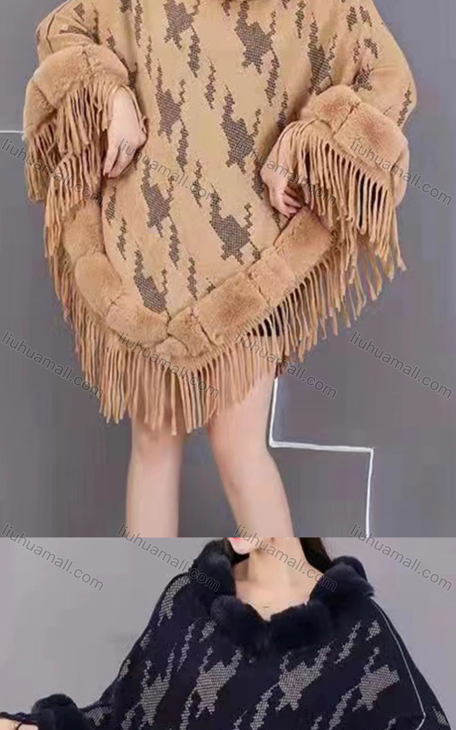 Wholesale Women's Elegant Mosaic Print Fuzzy Trim Scarf Hem Cape 3104# - Liuhuamall
