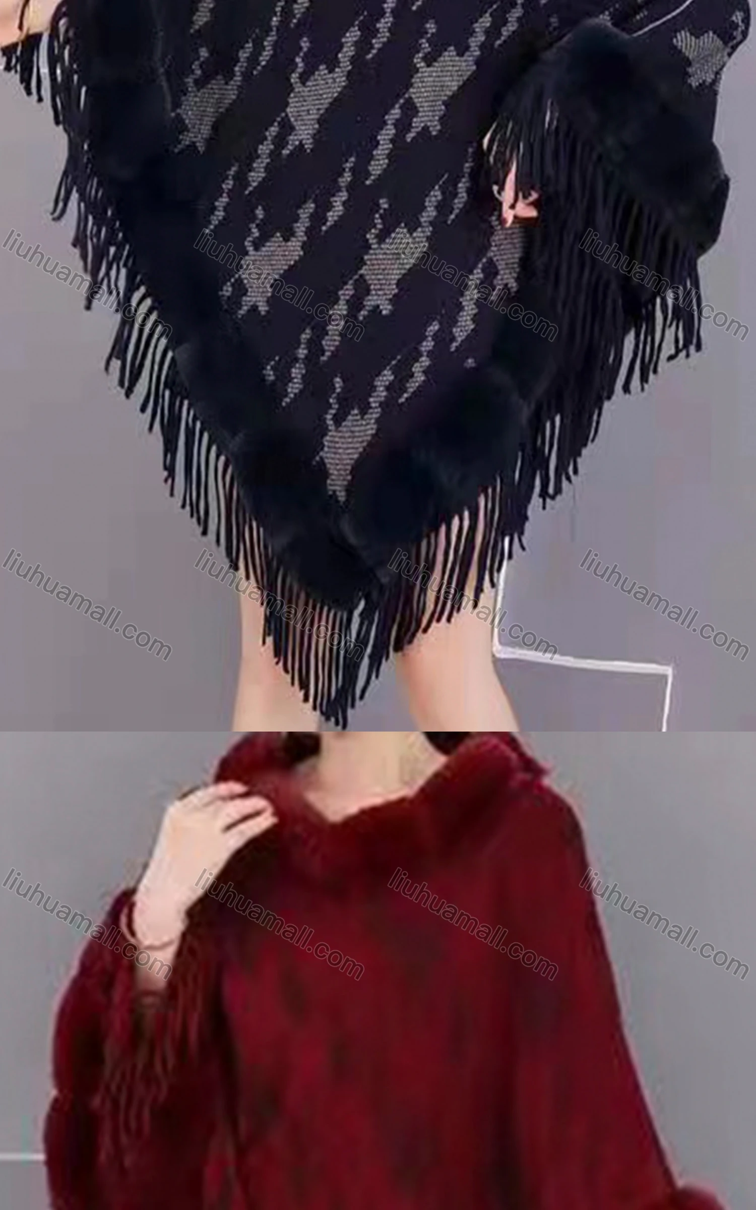 Wholesale Women's Elegant Mosaic Print Fuzzy Trim Scarf Hem Cape 3104# - Liuhuamall