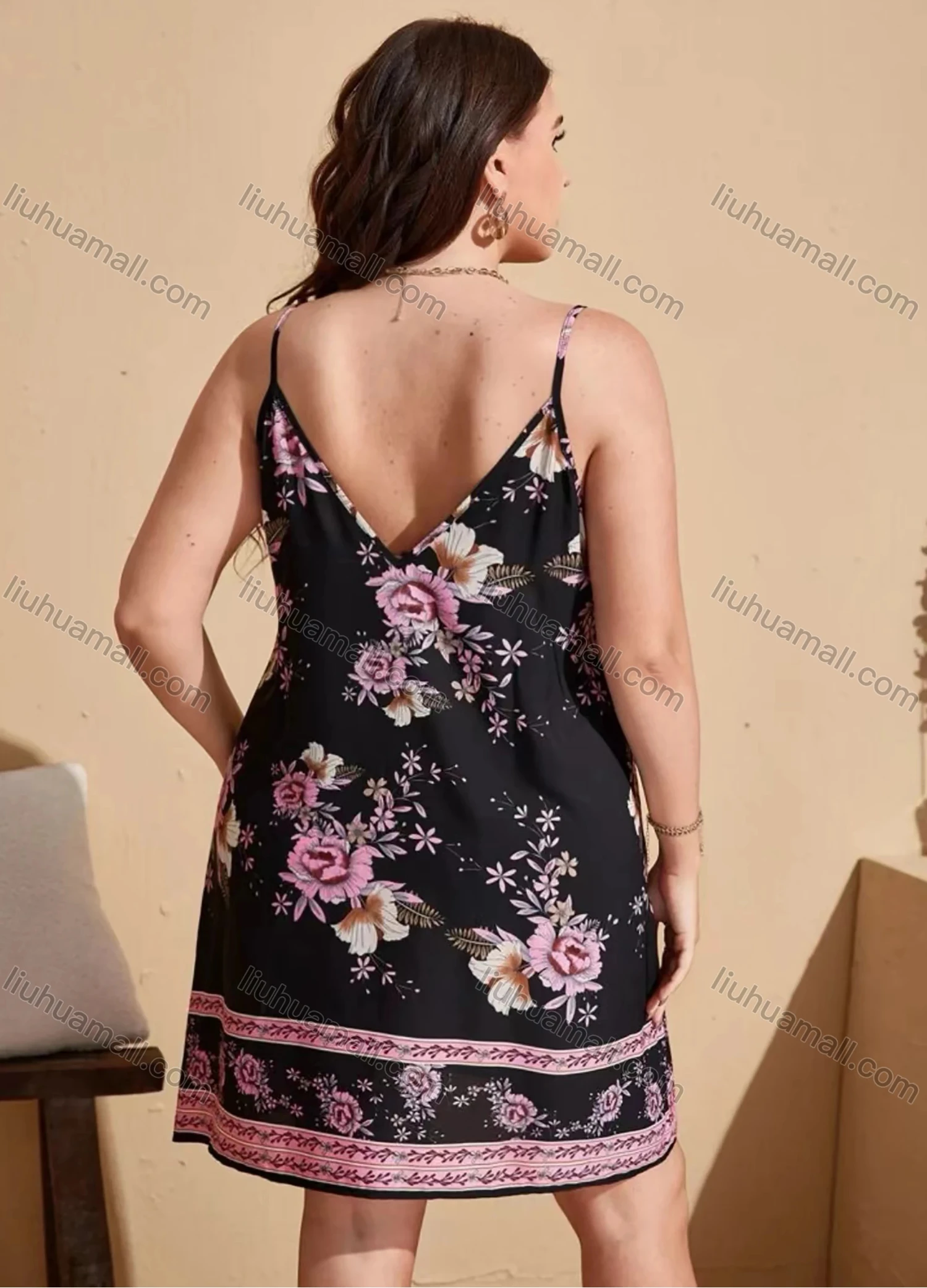 Wholesale Women's Spaghetti Strap V Neck Floral Print Low Back Cami Dress - Liuhuamall