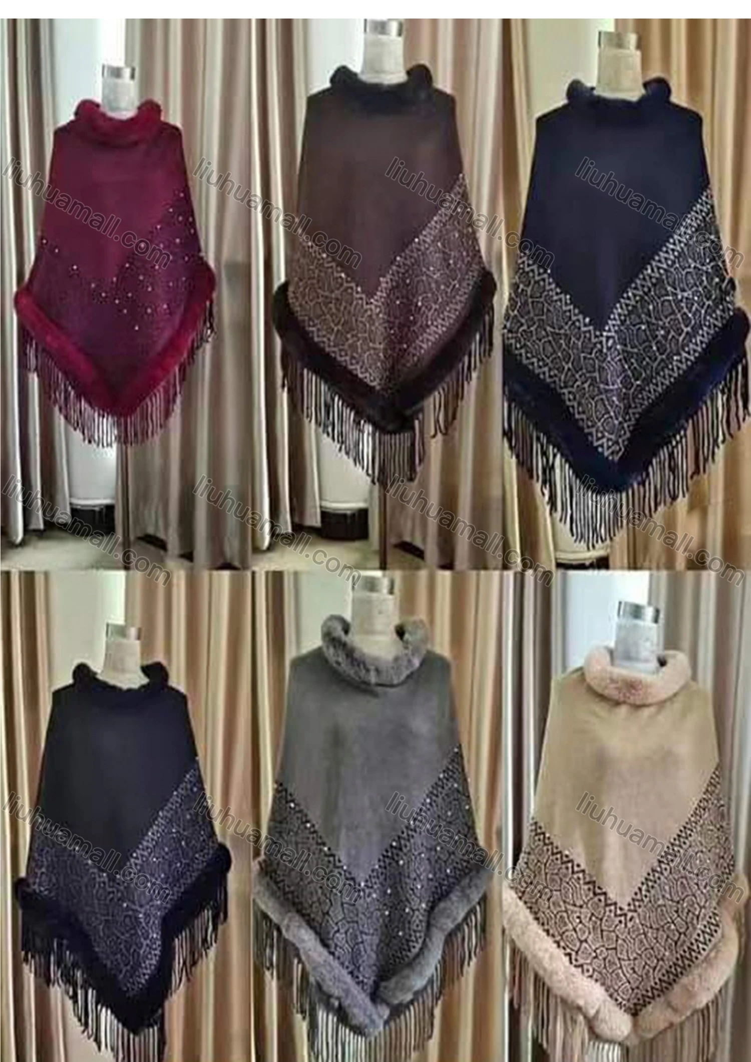 Wholesale Women's Vintage Print Fuzzy Scarf Hem Pearl Decor Cape 3106# - Liuhuamall