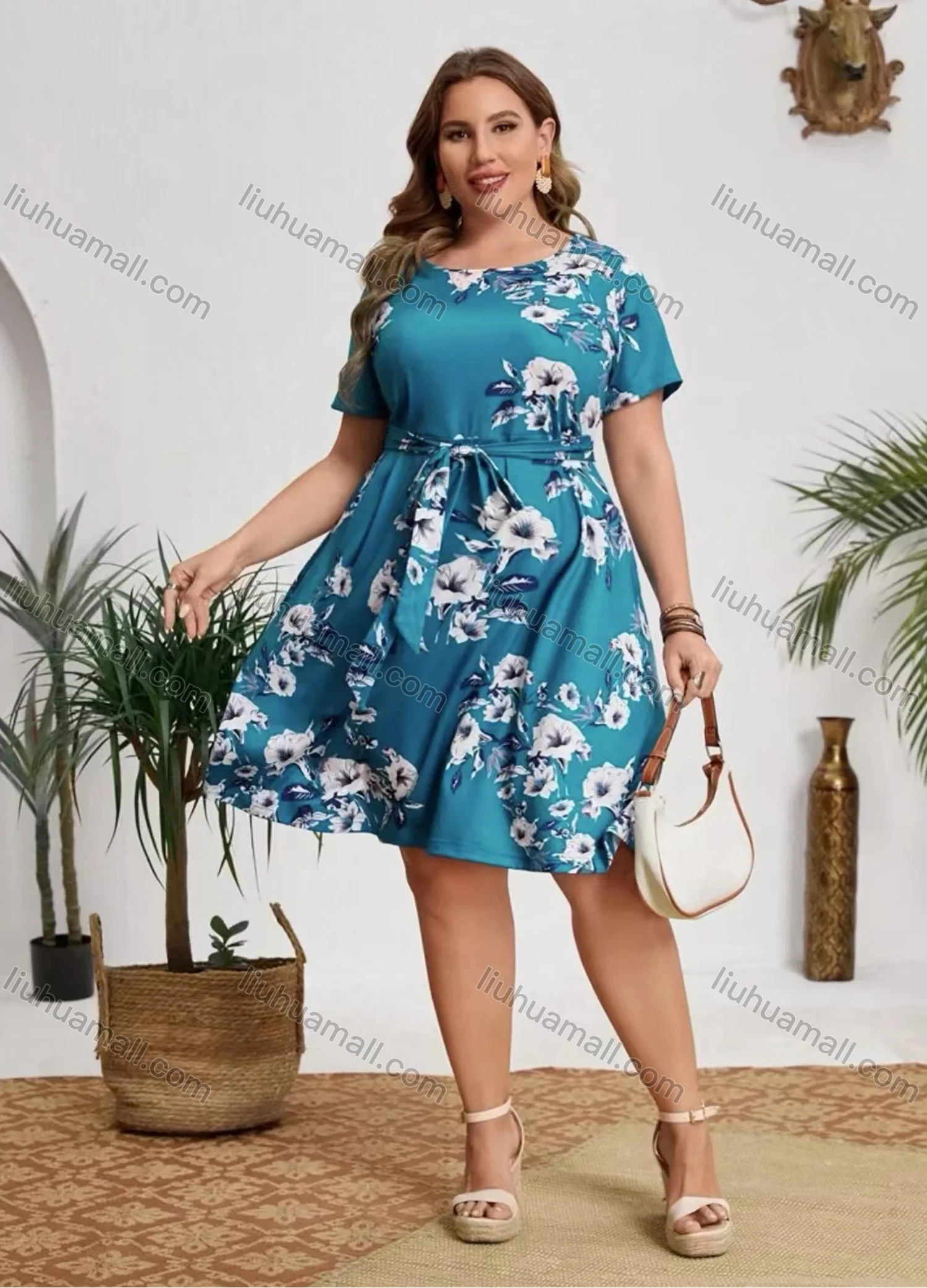 Wholesale Women's Scoop Neck Short Sleeve Floral Print Knee Length Dress With Belt A1309-1619# - Liuhuamall