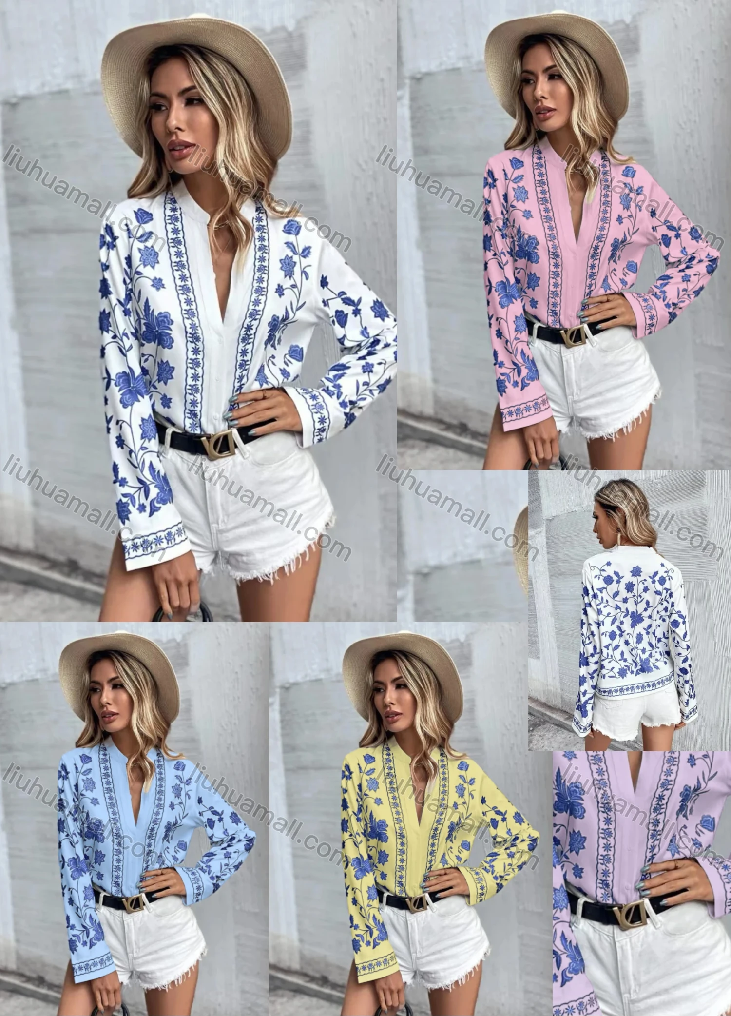 Wholesale Women's Notched Neck Long Sleeve Floral Buttons Casual Blouse - Liuhuamall