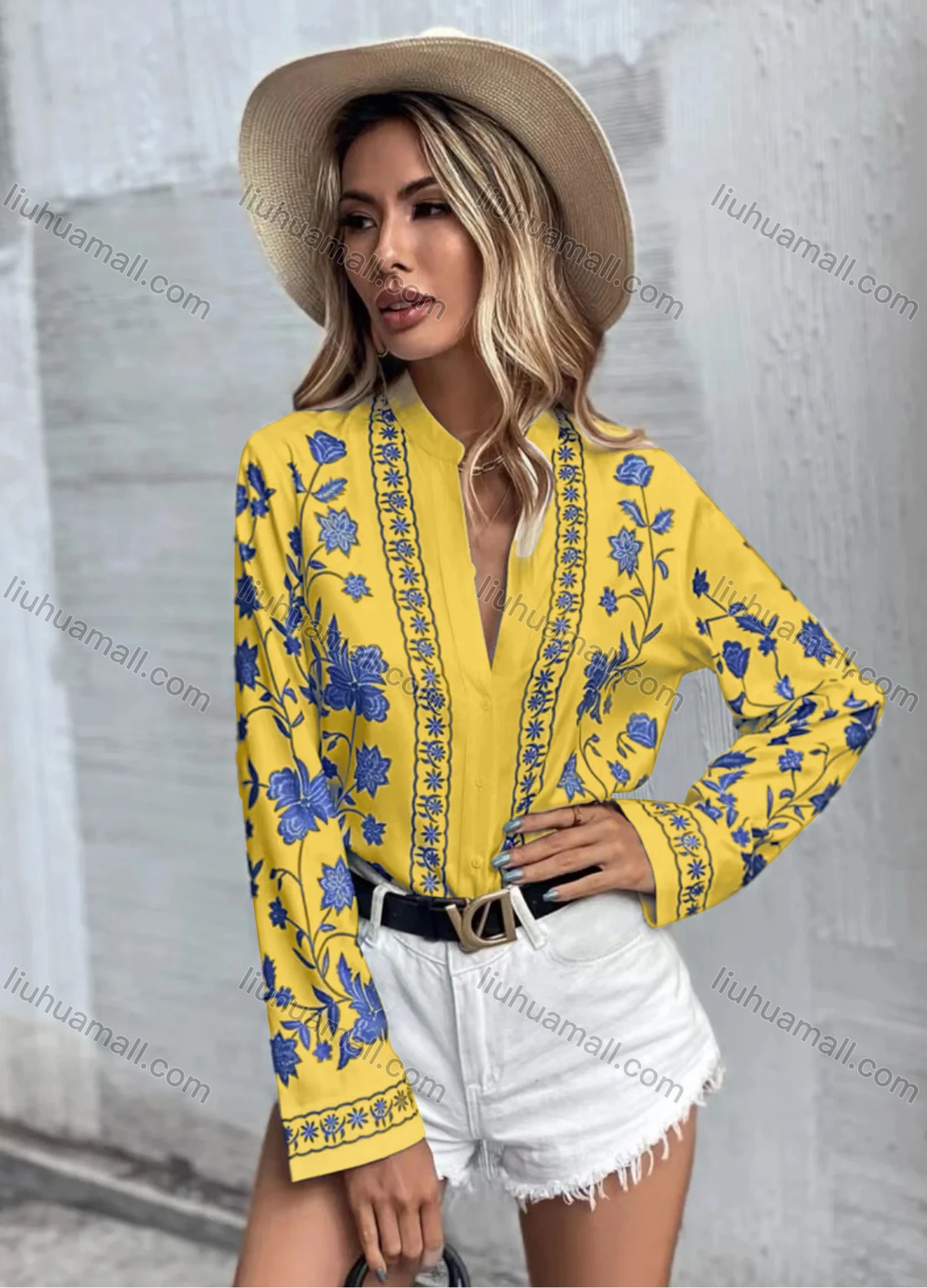 Wholesale Women's Notched Neck Long Sleeve Floral Buttons Casual Blouse - Liuhuamall