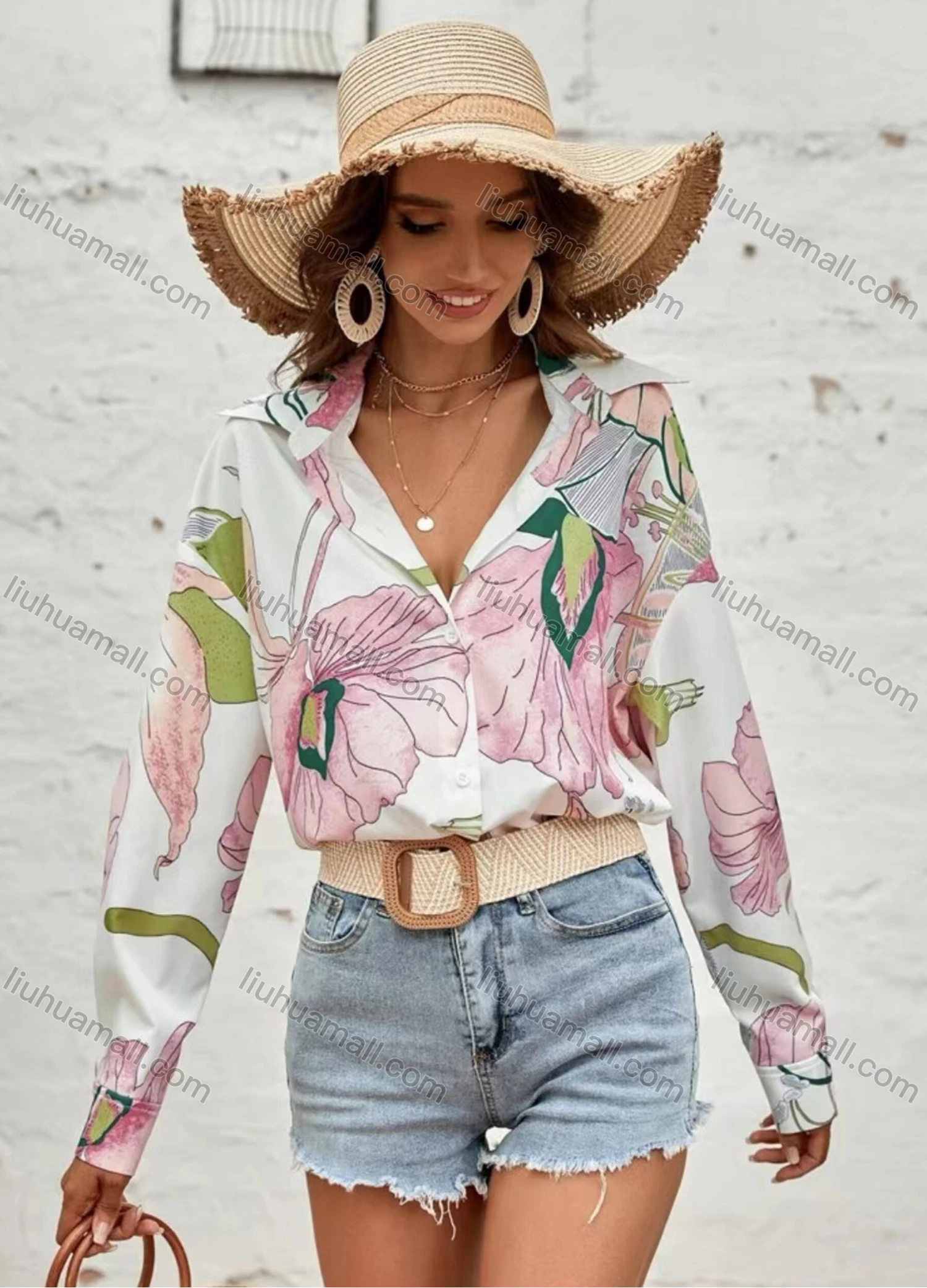 Wholesale Women's Turn-down Collar Long Sleeve Floral Buttons Blouse - Liuhuamall